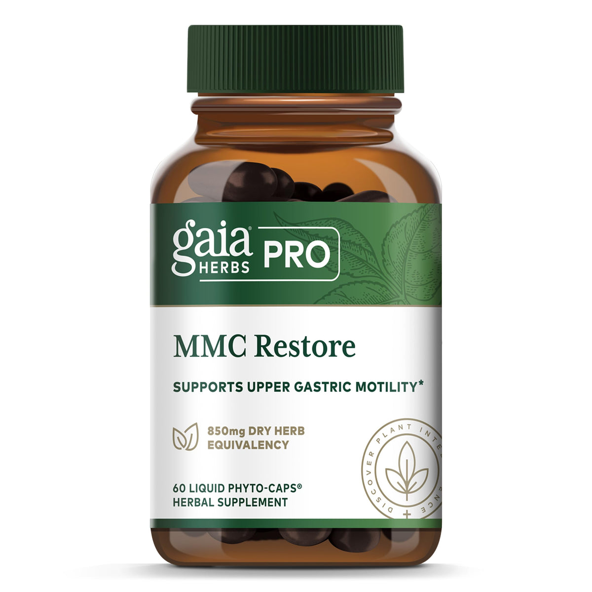 GAIA HERBS PRO MMC Restore: botella visible para apoyo digestivo suave