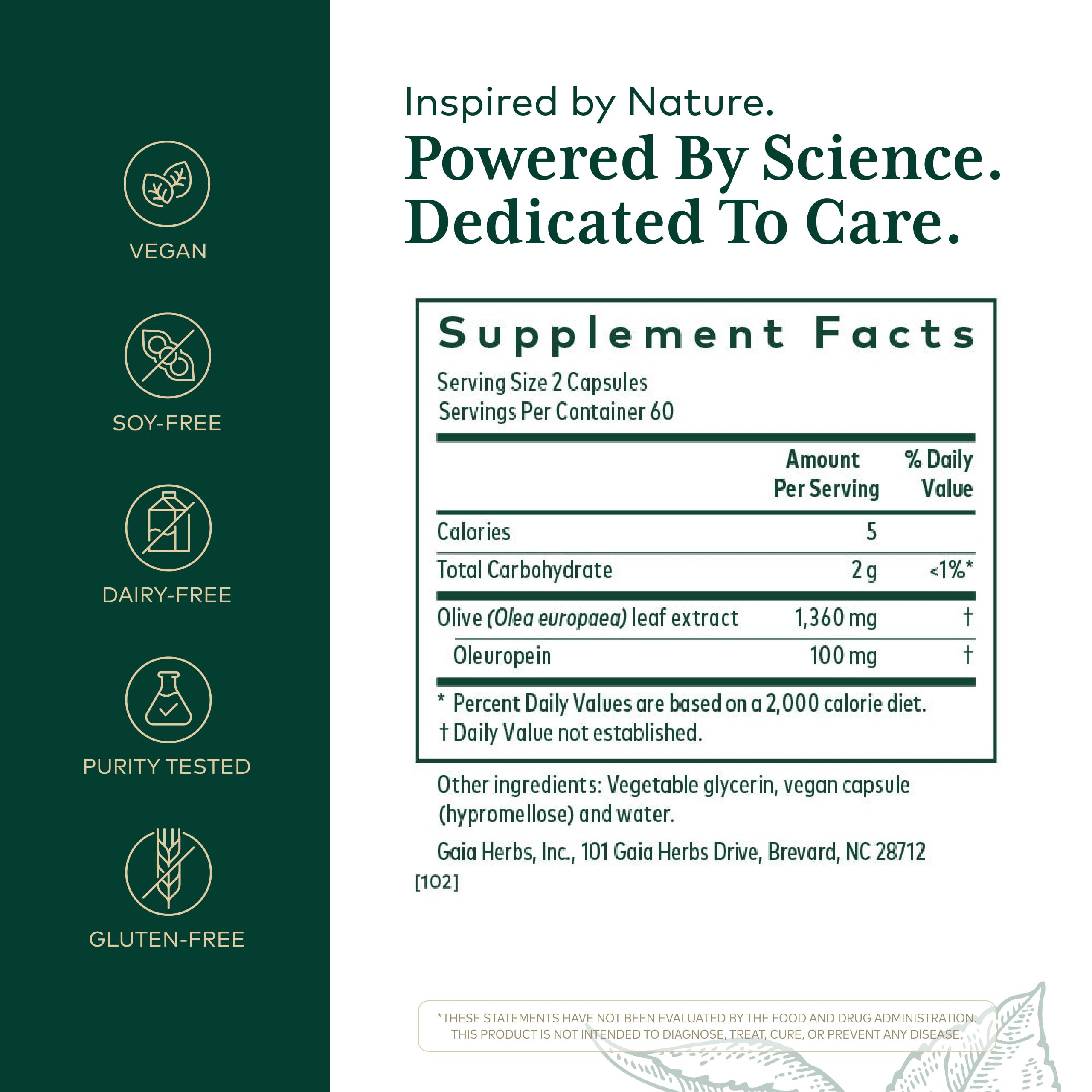 Gaia Herbs PRO Olive Leaf 1360: etiqueta que destaca oleuropeína y beneficios.