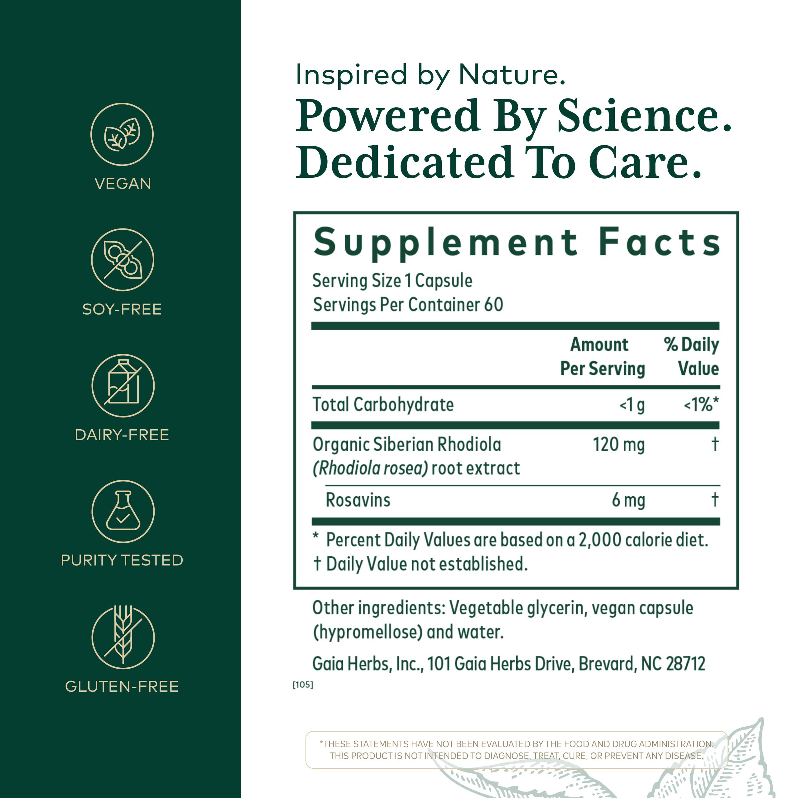 Gaian Herbs PRO Rhodiola, detalle de la botella: rosavinas por porción
