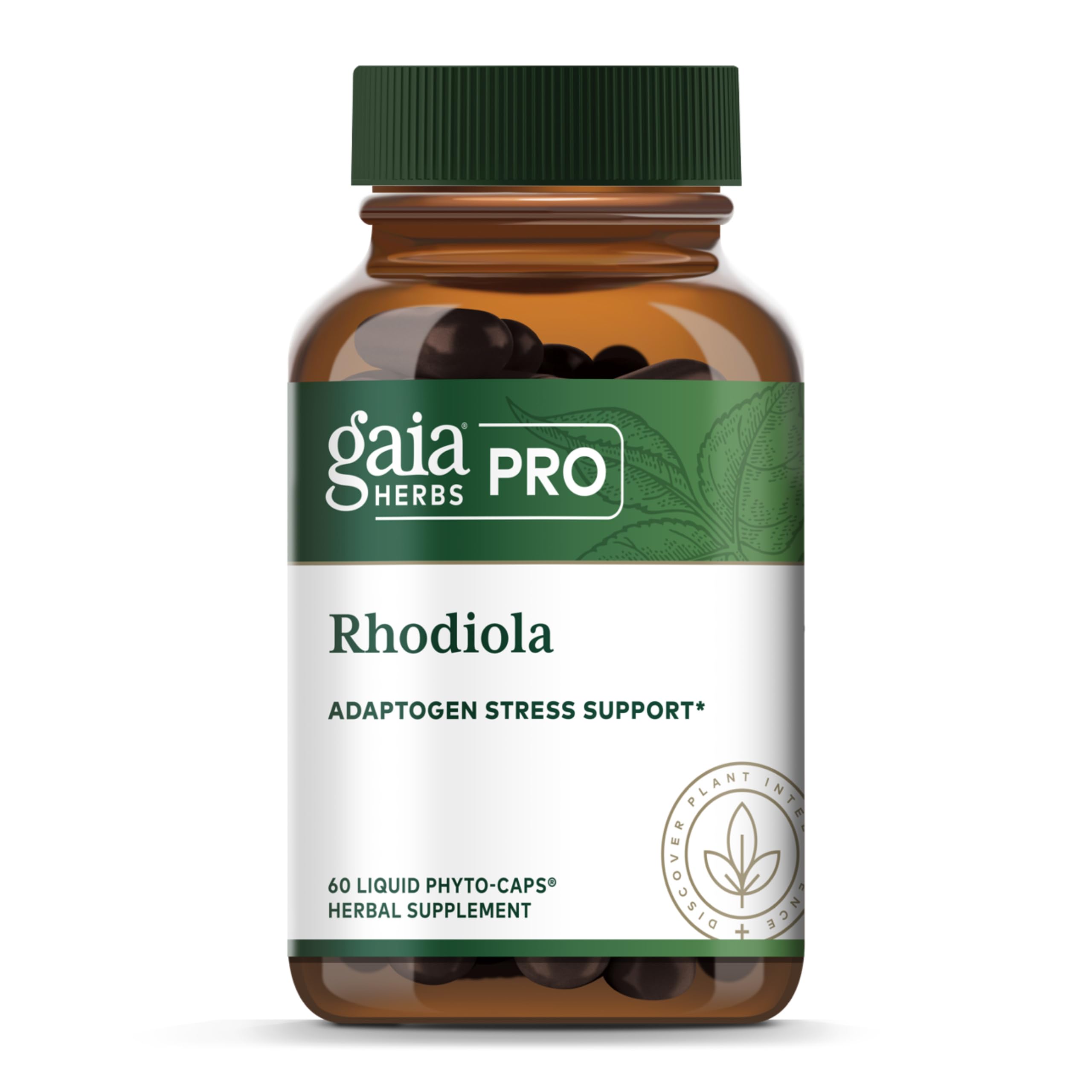 Gaia Herbs PRO Rhodiola, botella frontal: apoyo de energía diaria natural