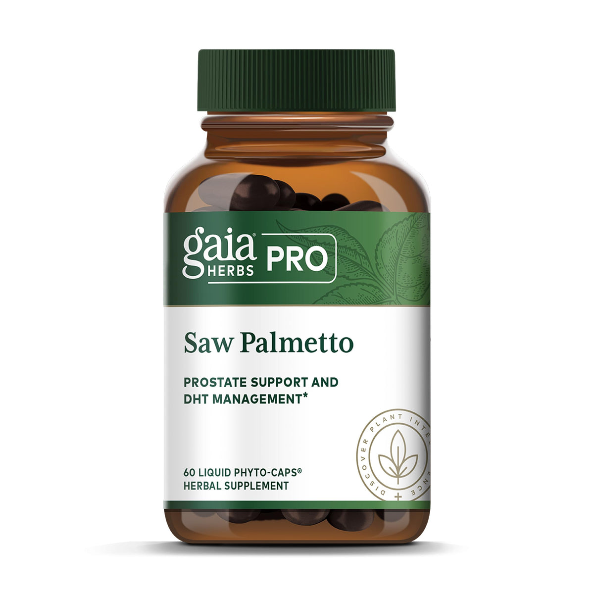 Gaia Herbs PRO Saw Palmetto cápsulas en frasco, listo para uso diario