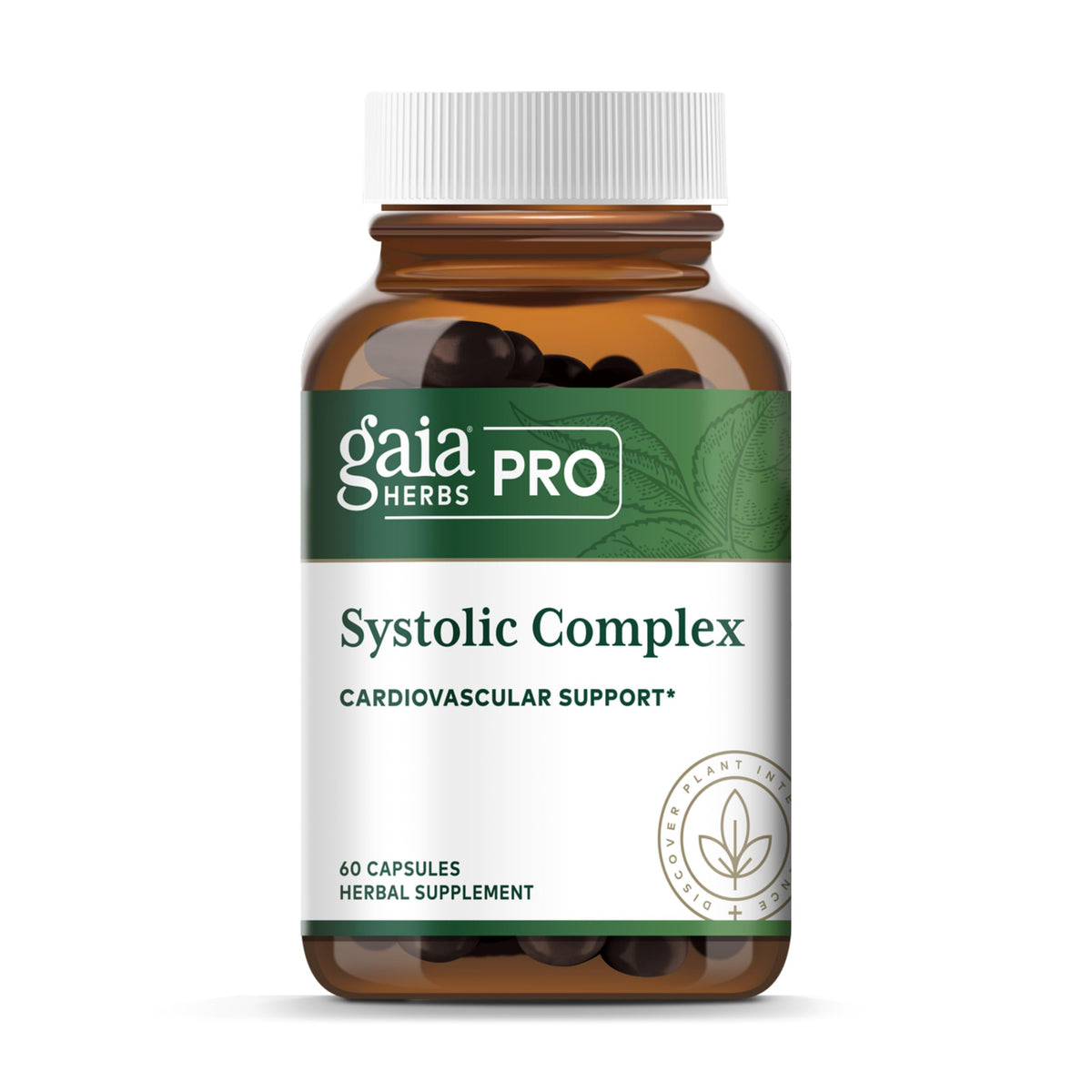 Gaia Herbs PRO Complejo Sistólico, botella de cápsulas para apoyo cardiovascular diario.