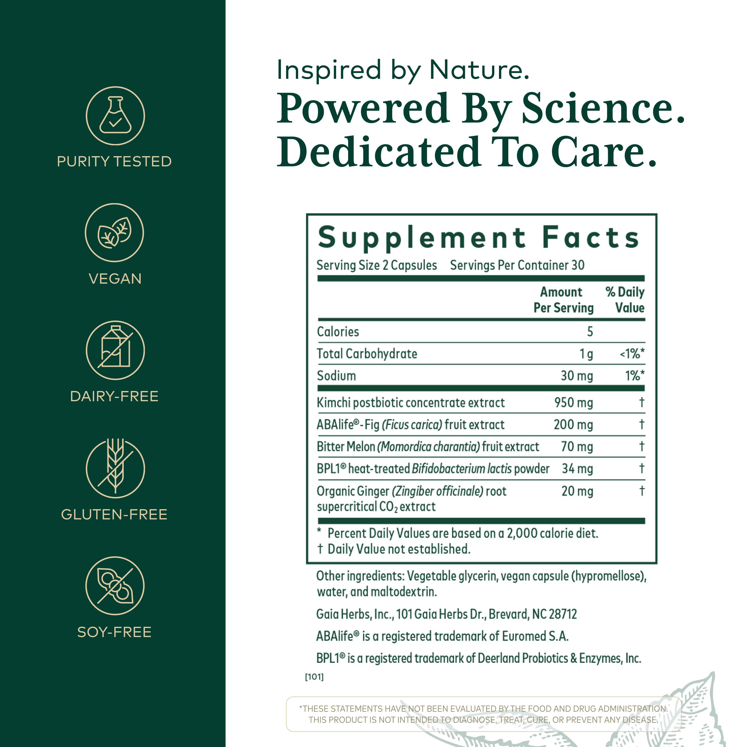 Gaia Herbs PRO Tri-Glycemic etiqueta frontal clara y útil.