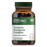 Gaia Herbs PRO, botella del complejo cúrcuma-fenogreco, ideal para uso diario.