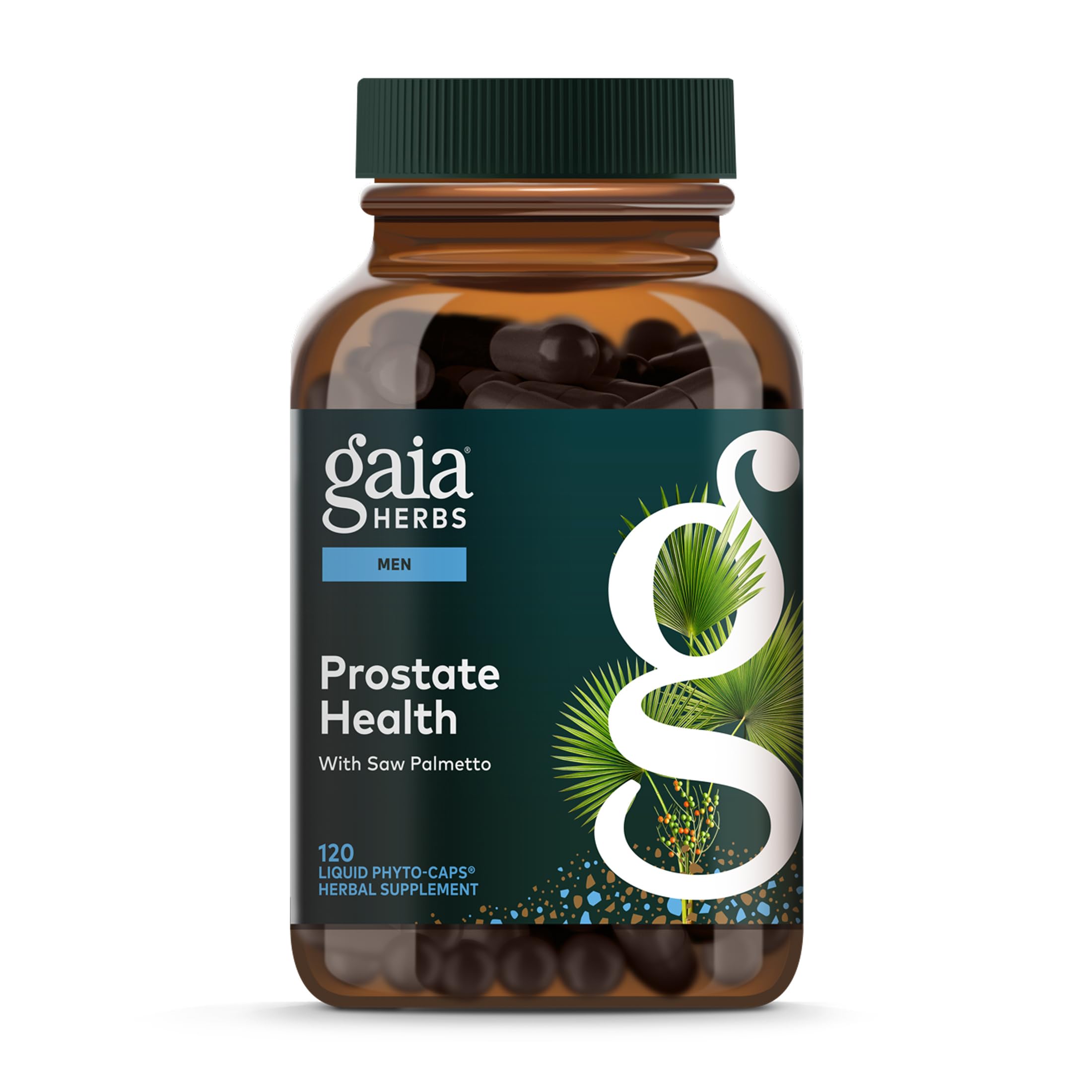 Gaia Herbs Salud Prostática: botella con cápsulas veganas para uso diario.