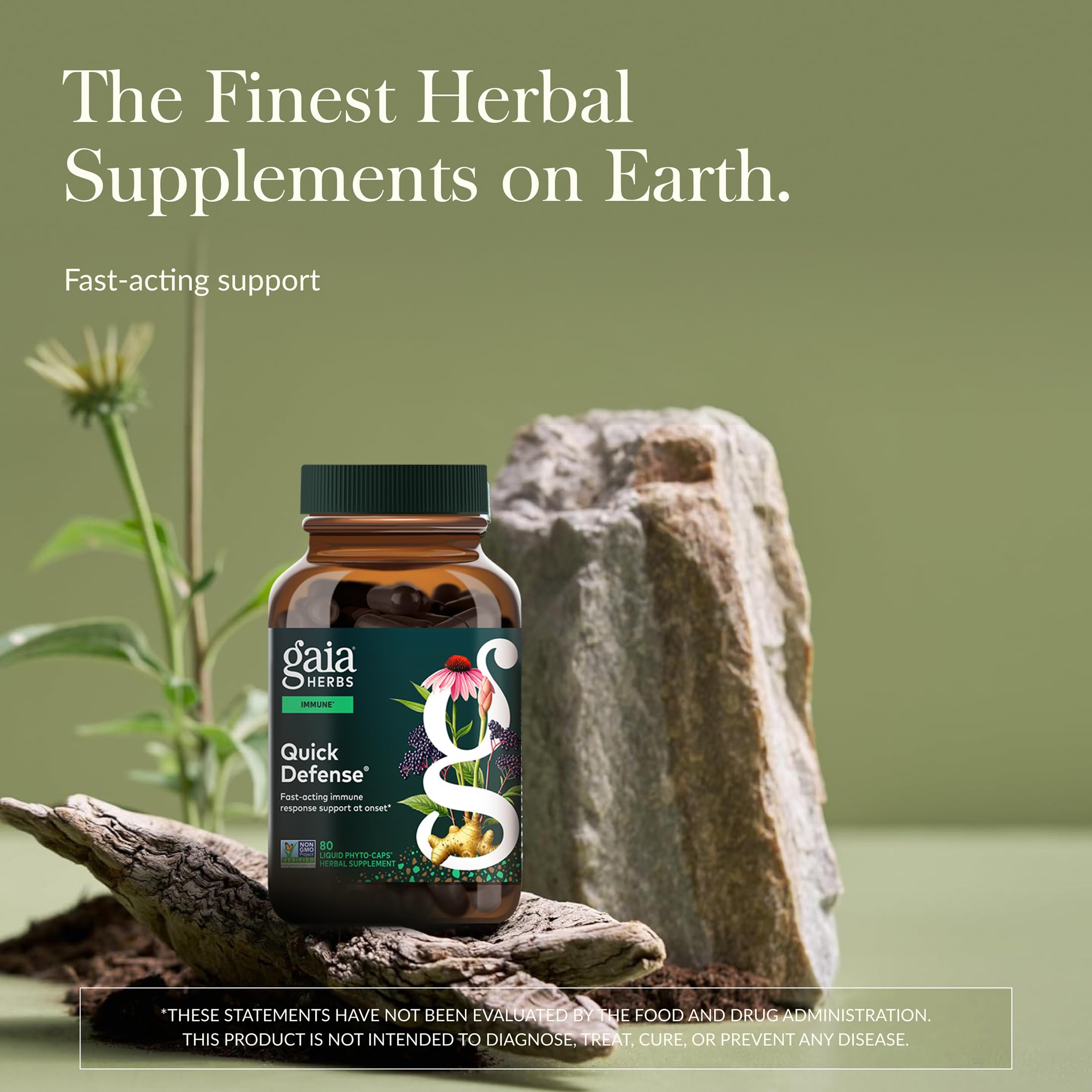 Gaia Herbs Quick Defense, etiqueta detallada con ingredientes de alta calidad.
