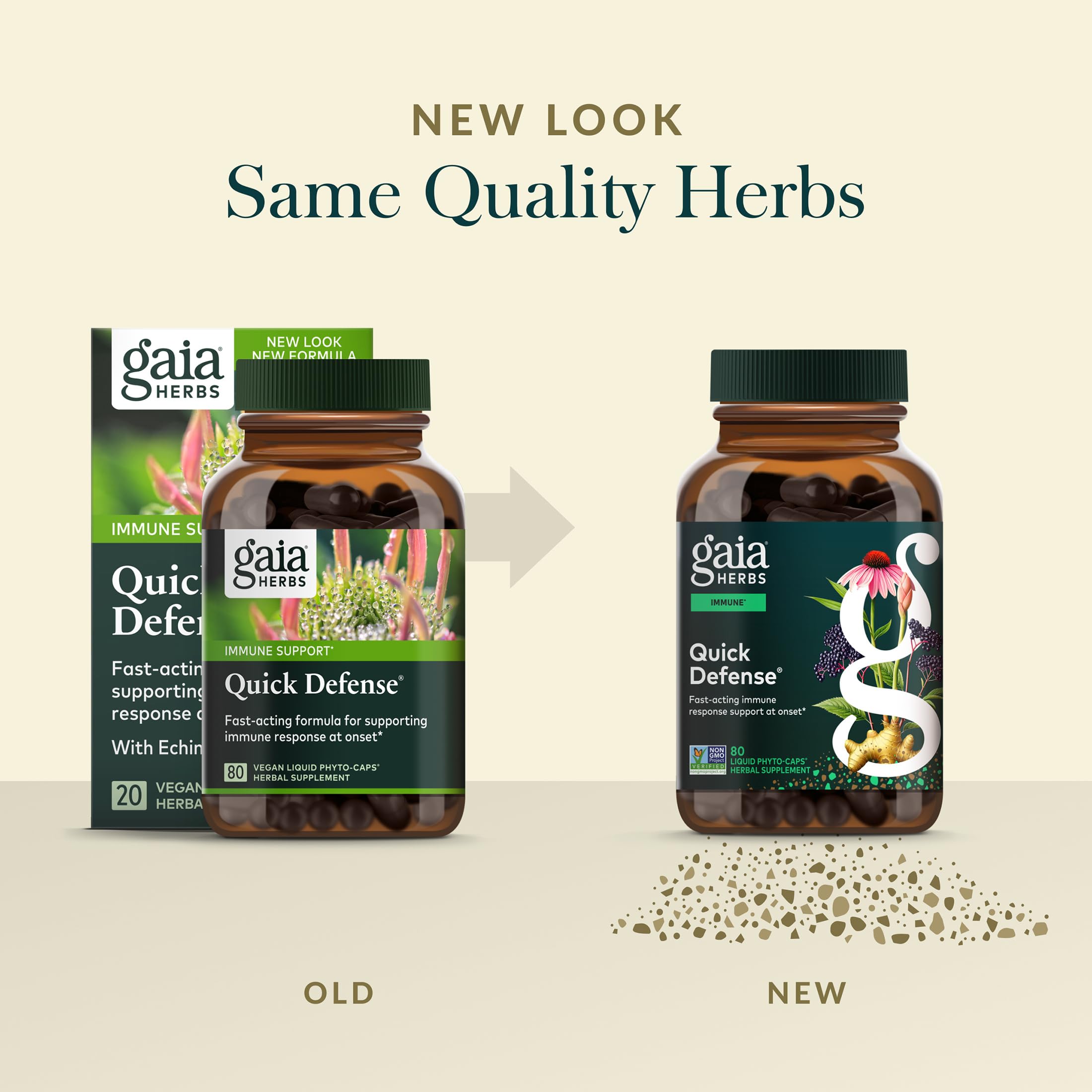 Gaia Herbs Quick Defense, extractos vegetales de alta concentración para consistencia.