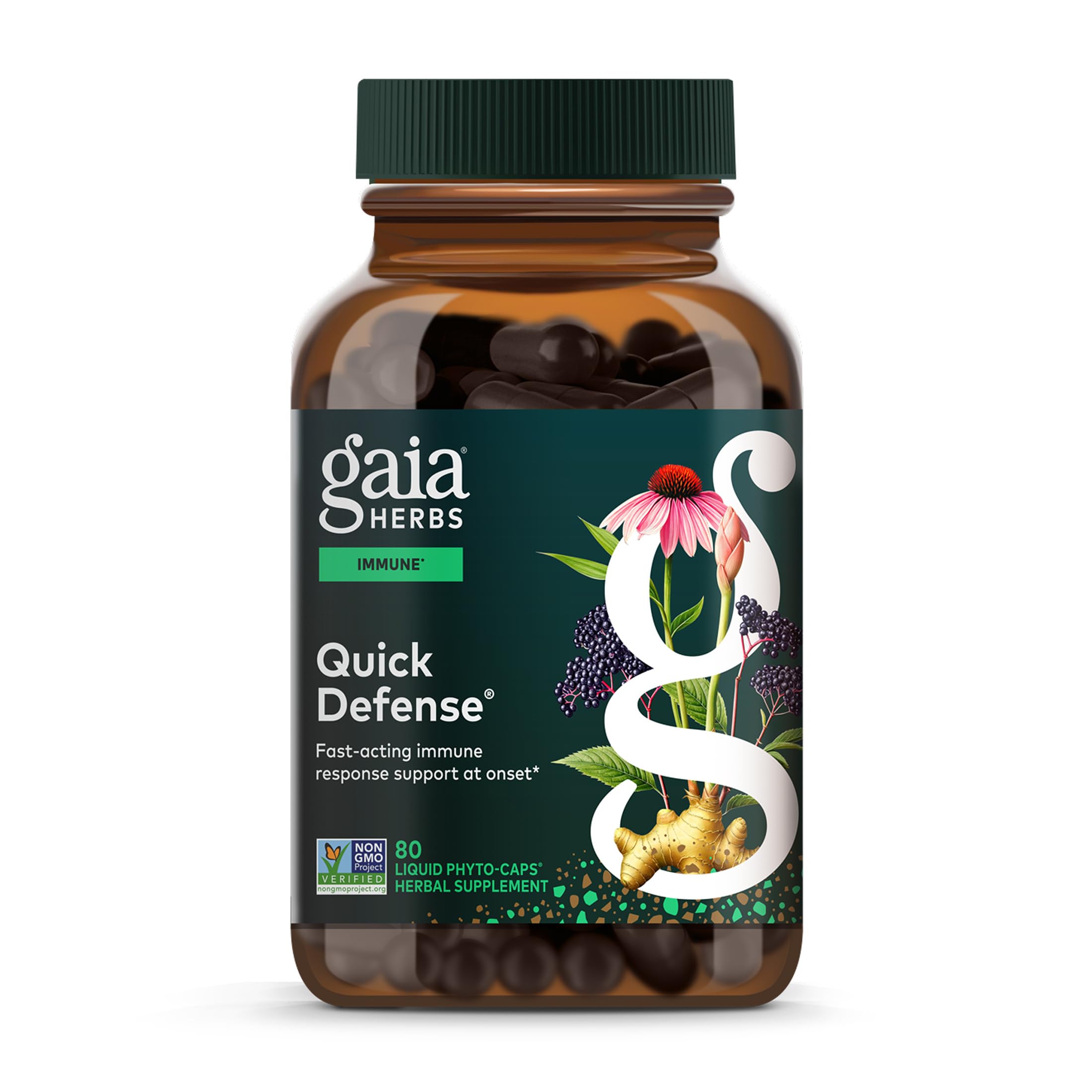 Gaia Herbs Quick Defense, botella frontal para uso diario.