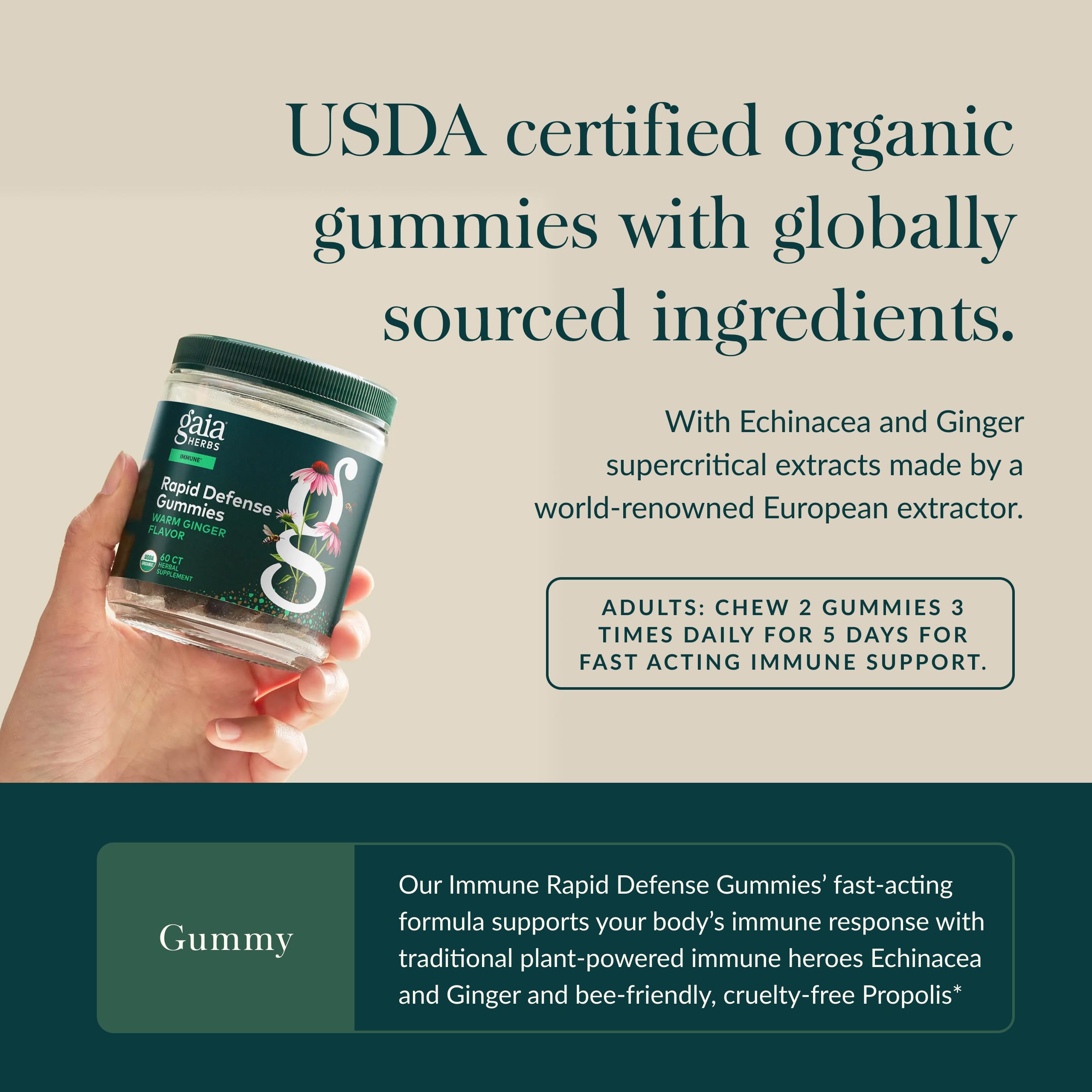 Botella de Gaia Herbs Rapid Defense Gummies para consumo diario