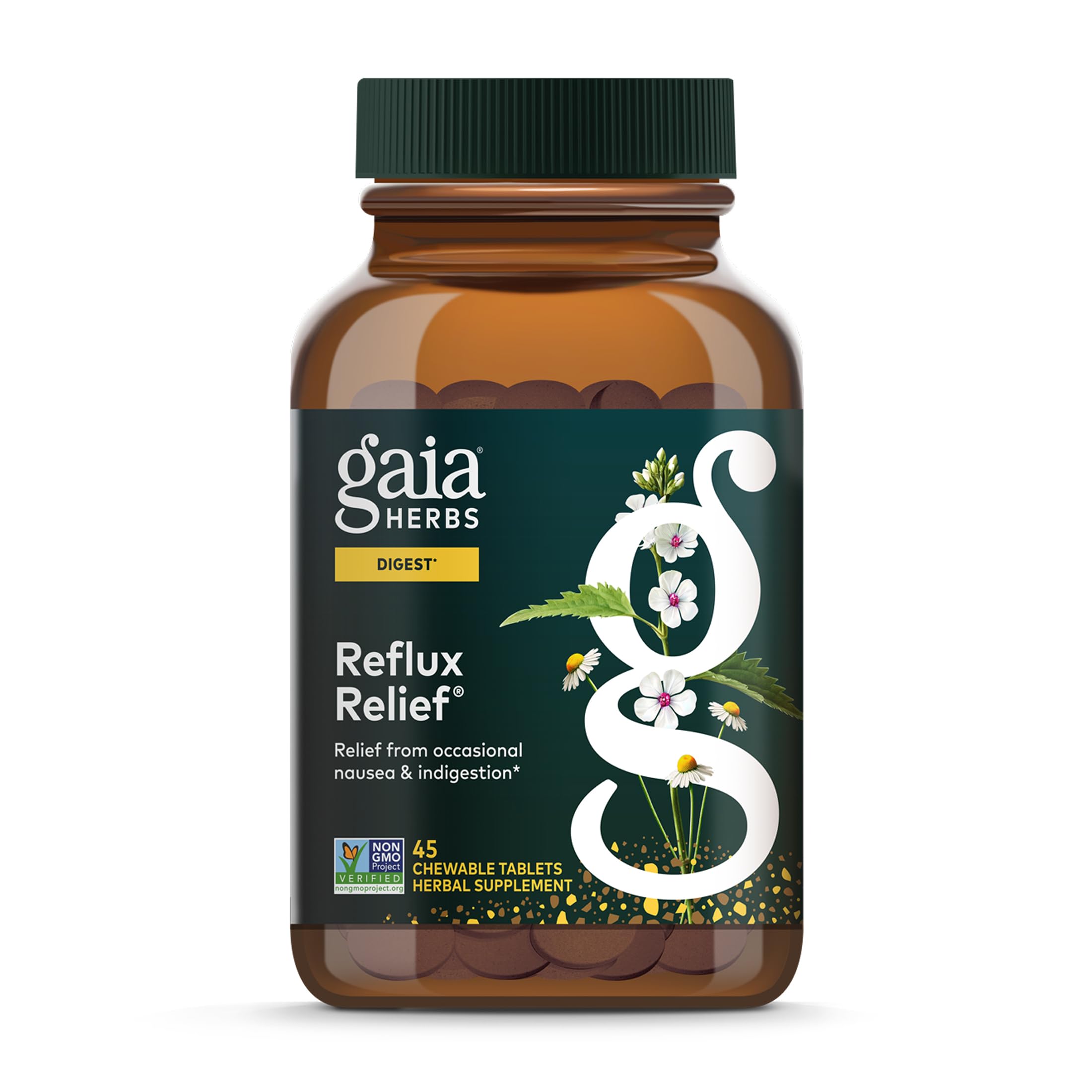 Gaia Herbs Reflux Relief botella de tabletas masticables para comodidad digestiva