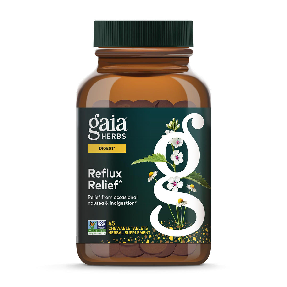 Gaia Herbs Reflux Relief botella de tabletas masticables para comodidad digestiva