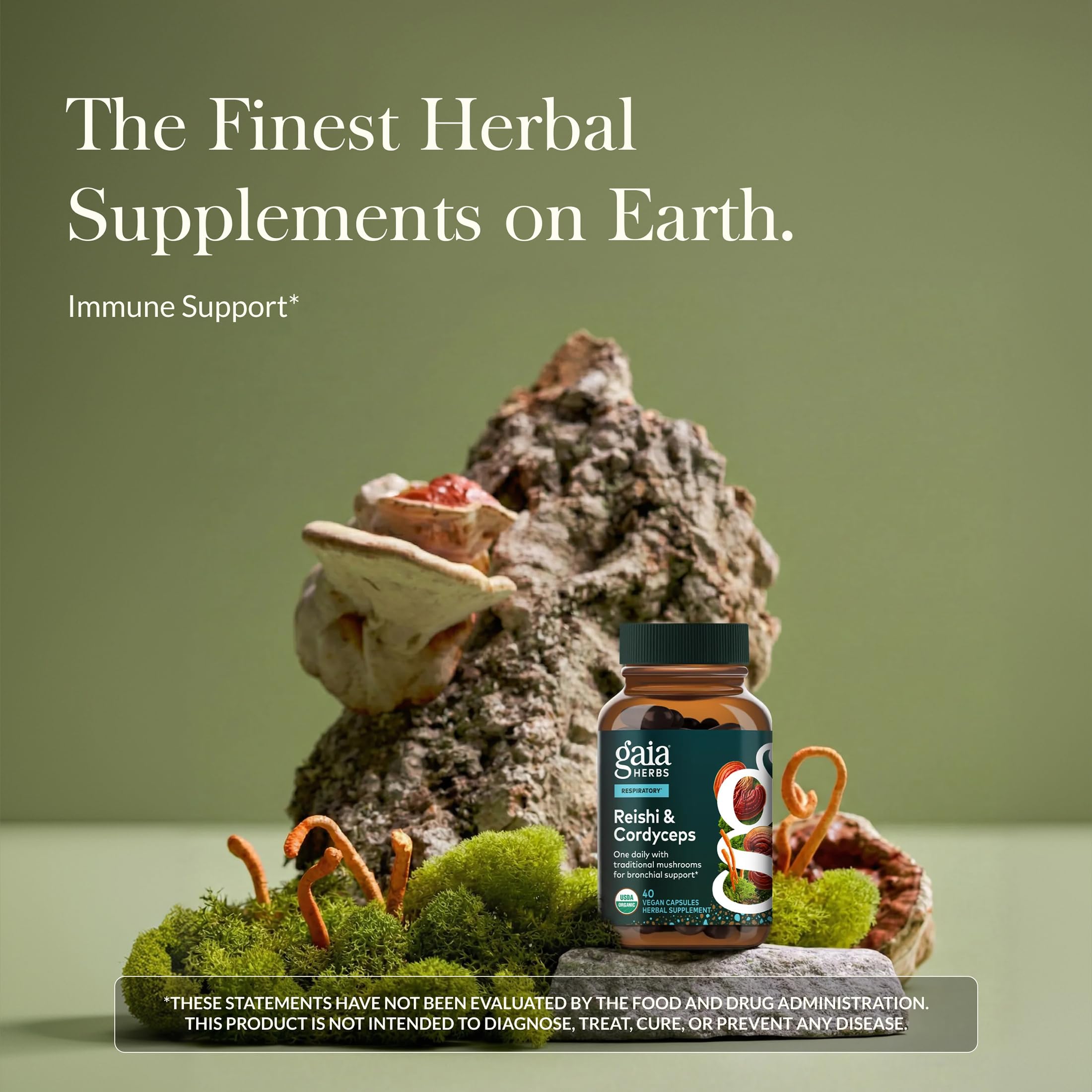 Gaia Herbs Reishi & Cordyceps: cápsulas veganas para apoyo respiratorio.