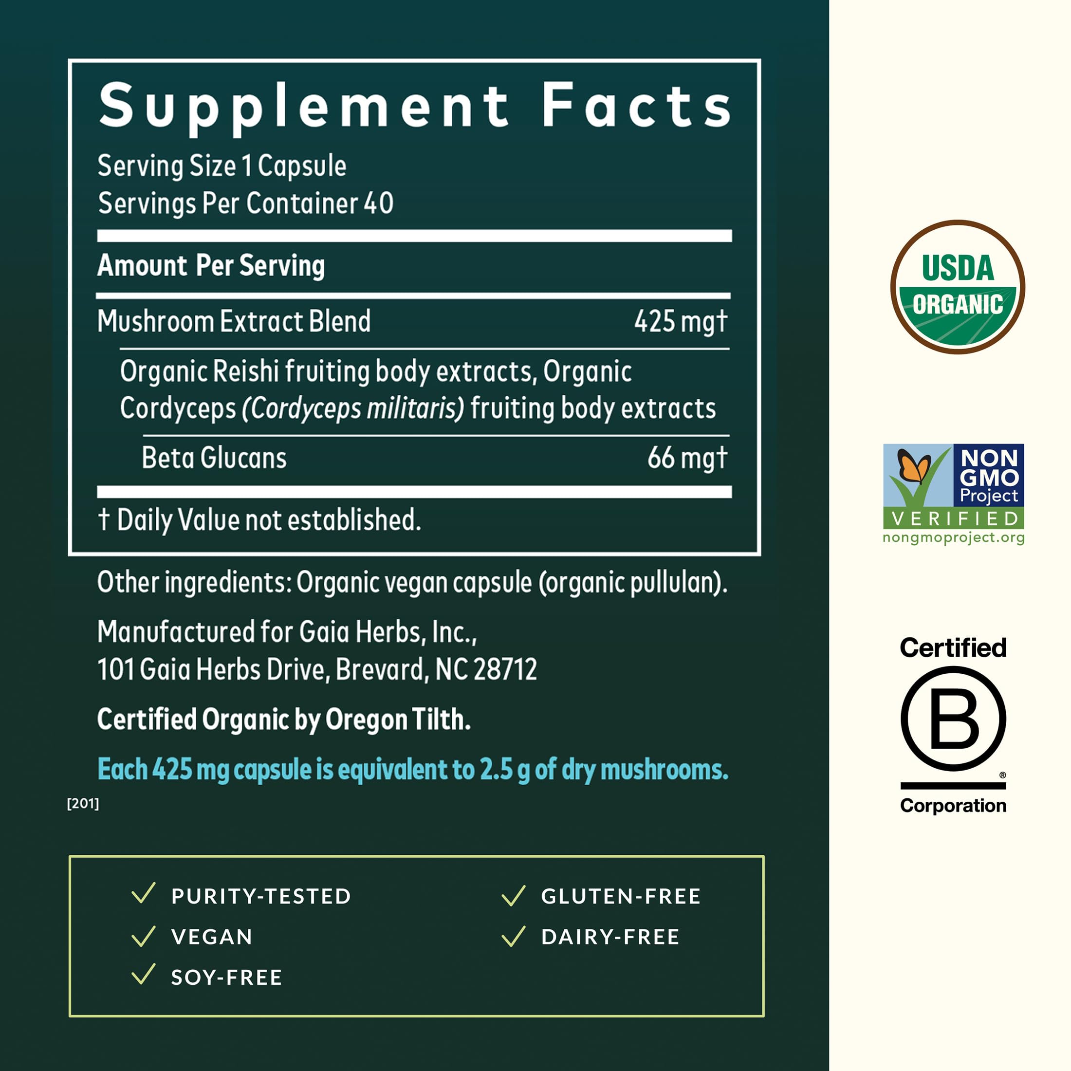 Gaia Herbs Reishi & Cordyceps: etiqueta frontal con ingredientes clave.