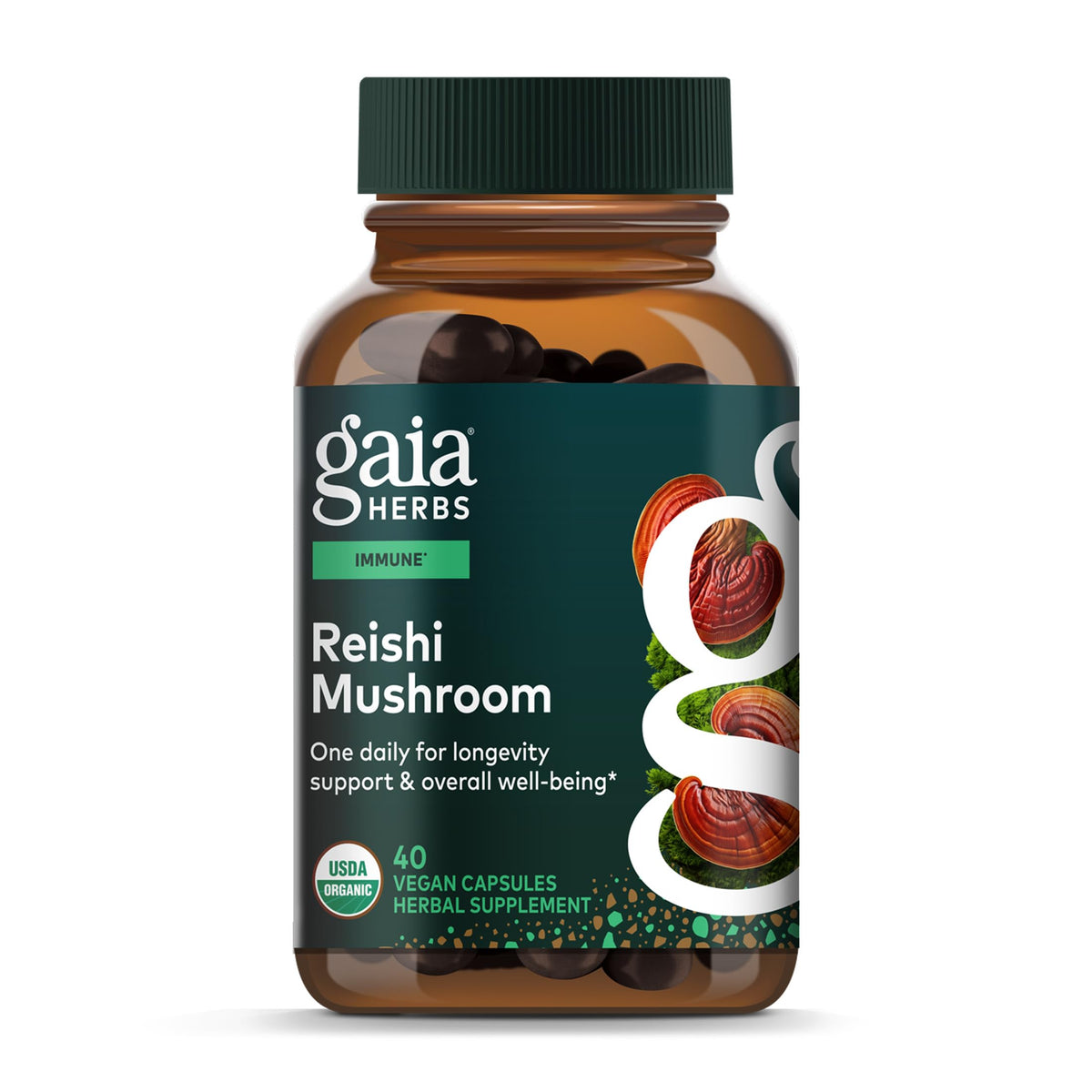 Gaia Herbs Reishi Mushroom, botella con cápsulas líquidas veganas para bienestar diario