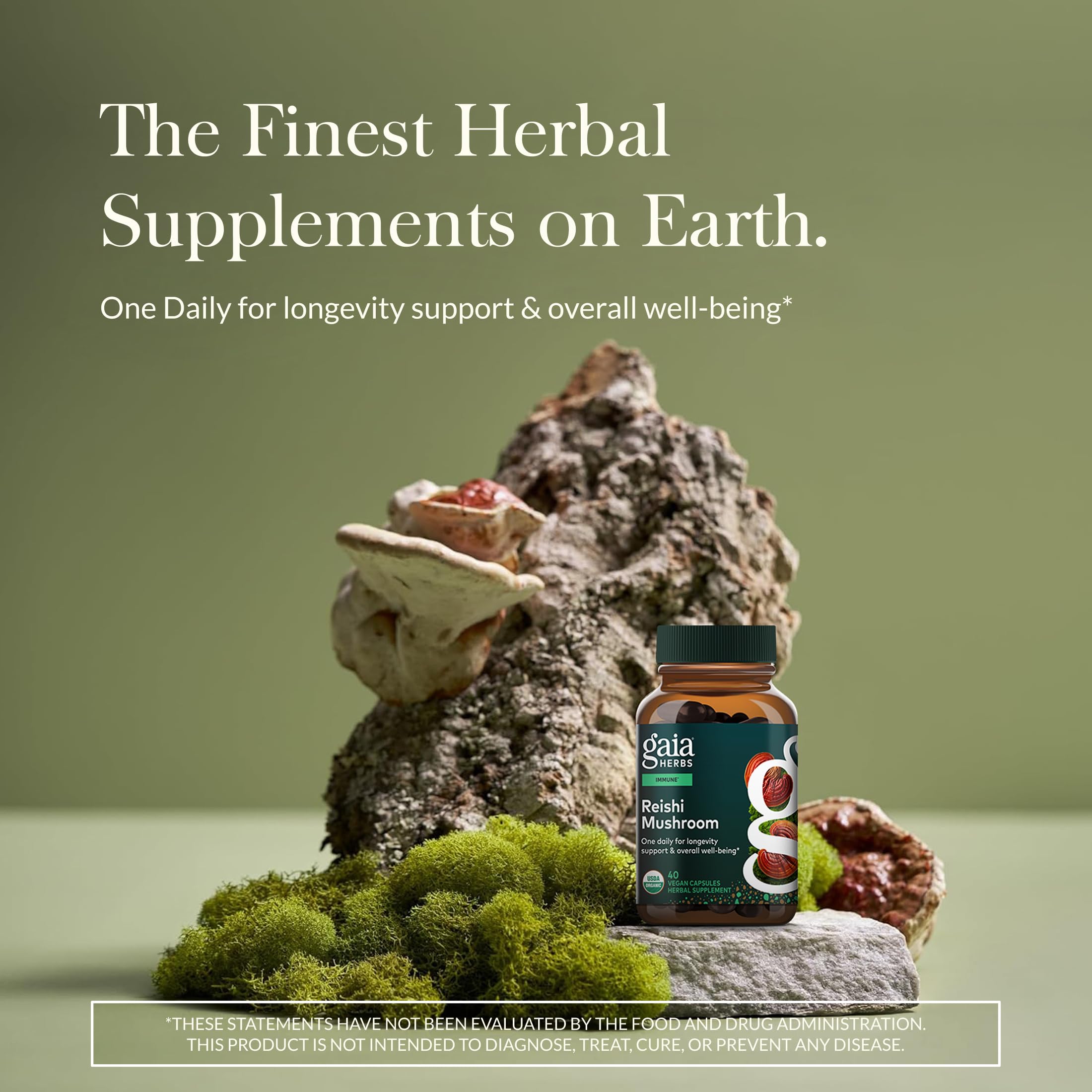 Gaia Herbs Reishi Mushroom, etiqueta detallada que destaca origen y uso tradicional