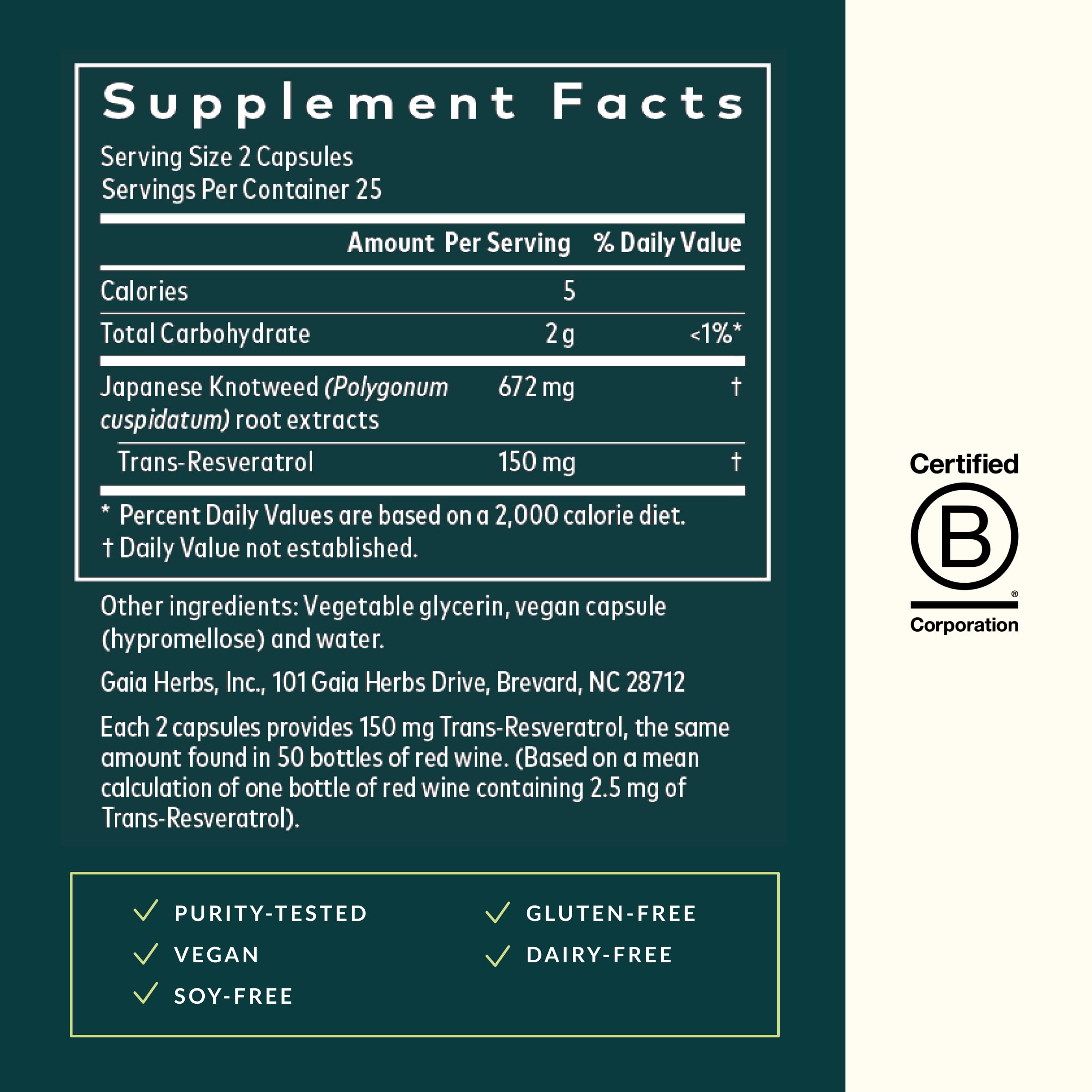 Gaia Herbs Resveratrol, etiqueta con 150 mg de trans-resveratrol por porción.