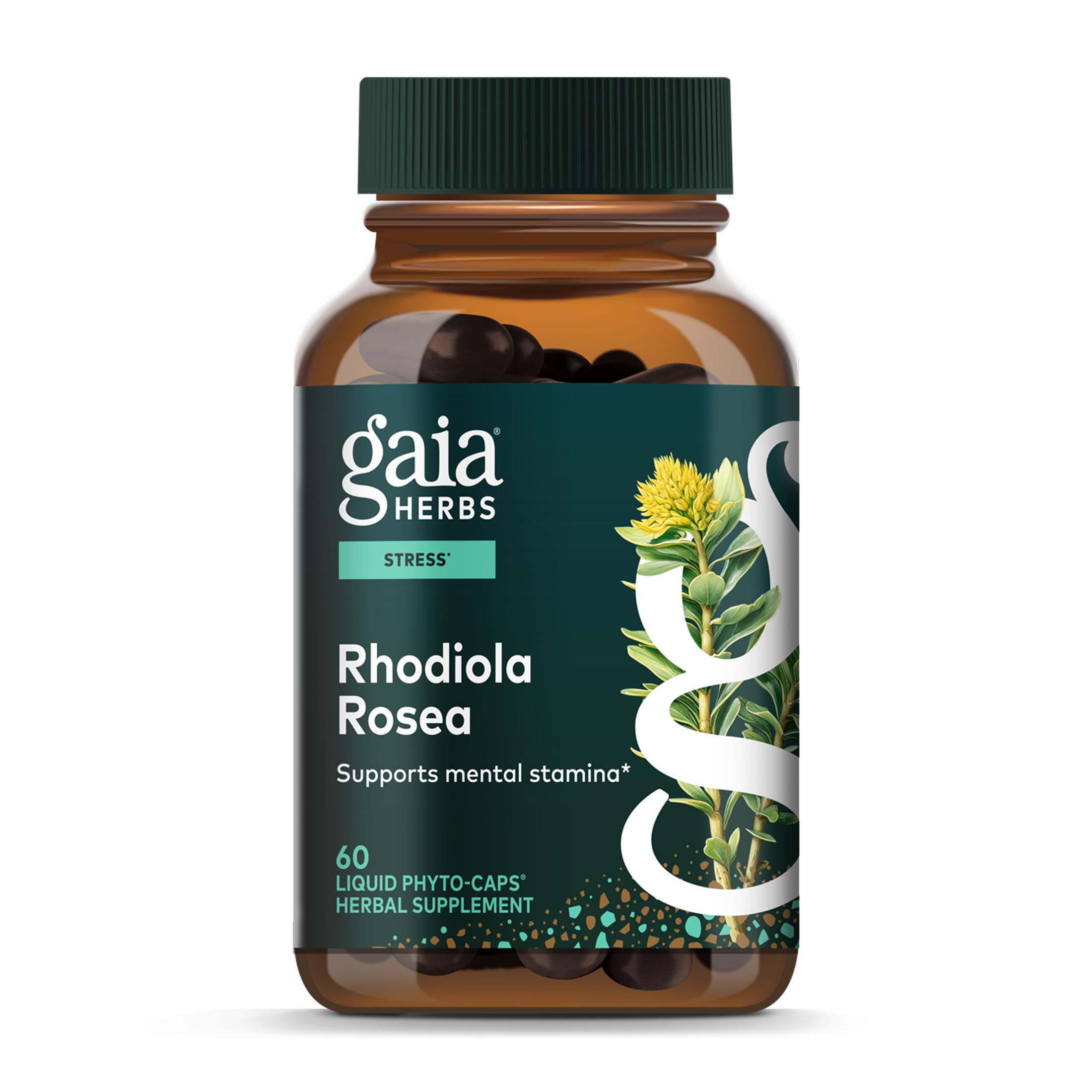 Gaia Herbs Rhodiola Rosea: botella vegana para uso diario y apoyo a la energía.