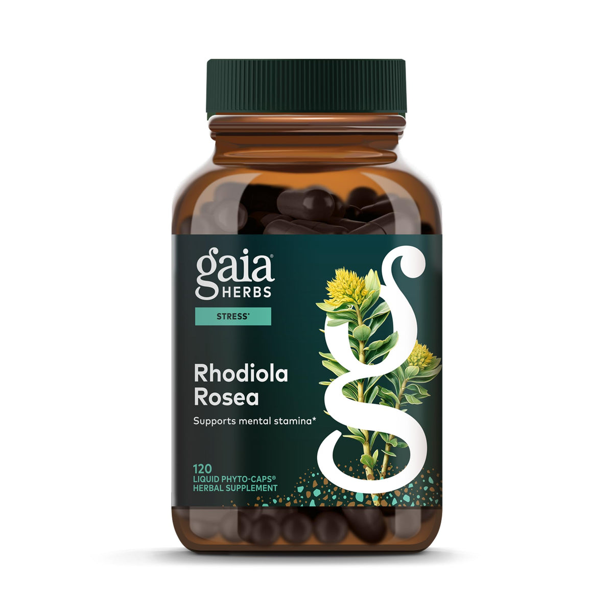 Gaia Herbs Rhodiola Rosea: botella con cápsulas que apoyan la resistencia al estrés