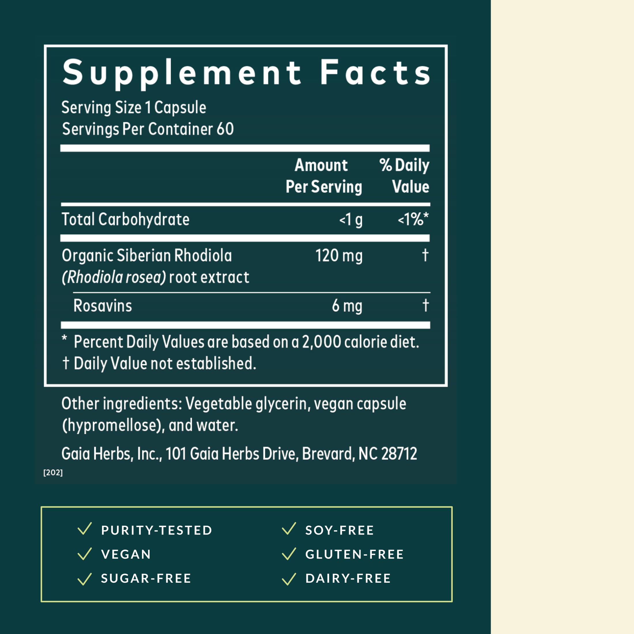 Gaia Herbs Rhodiola Rosea: cápsulas líquidas veganas para consumo diario y bienestar.