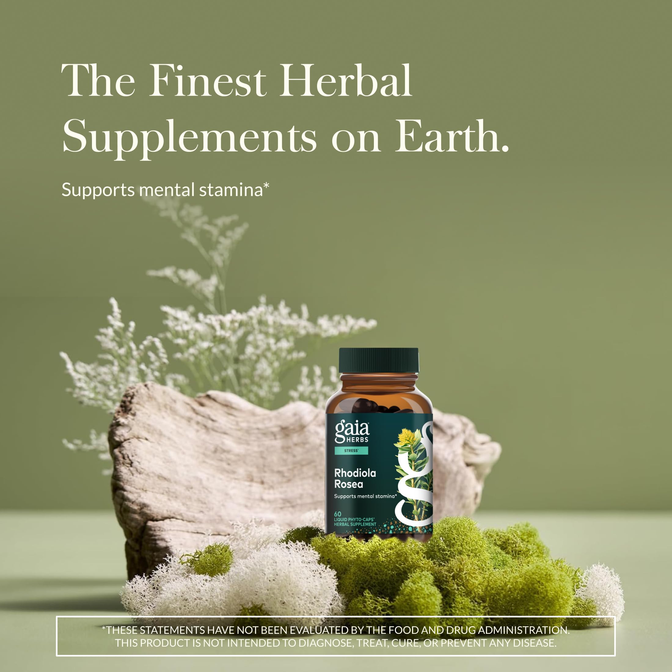 Gaia Herbs Rhodiola Rosea: etiqueta de diseño claro que resalta origen europeo y calidad.