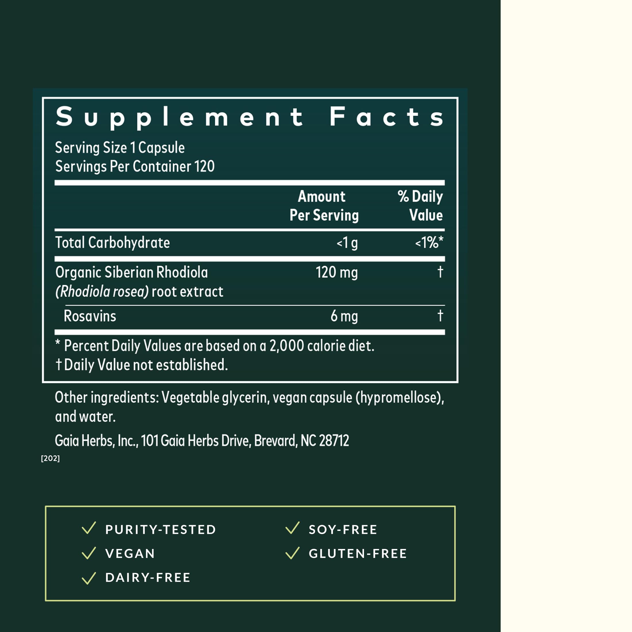 Gaia Herbs Rhodiola Rosea: etiqueta clara indica cultivo sostenible