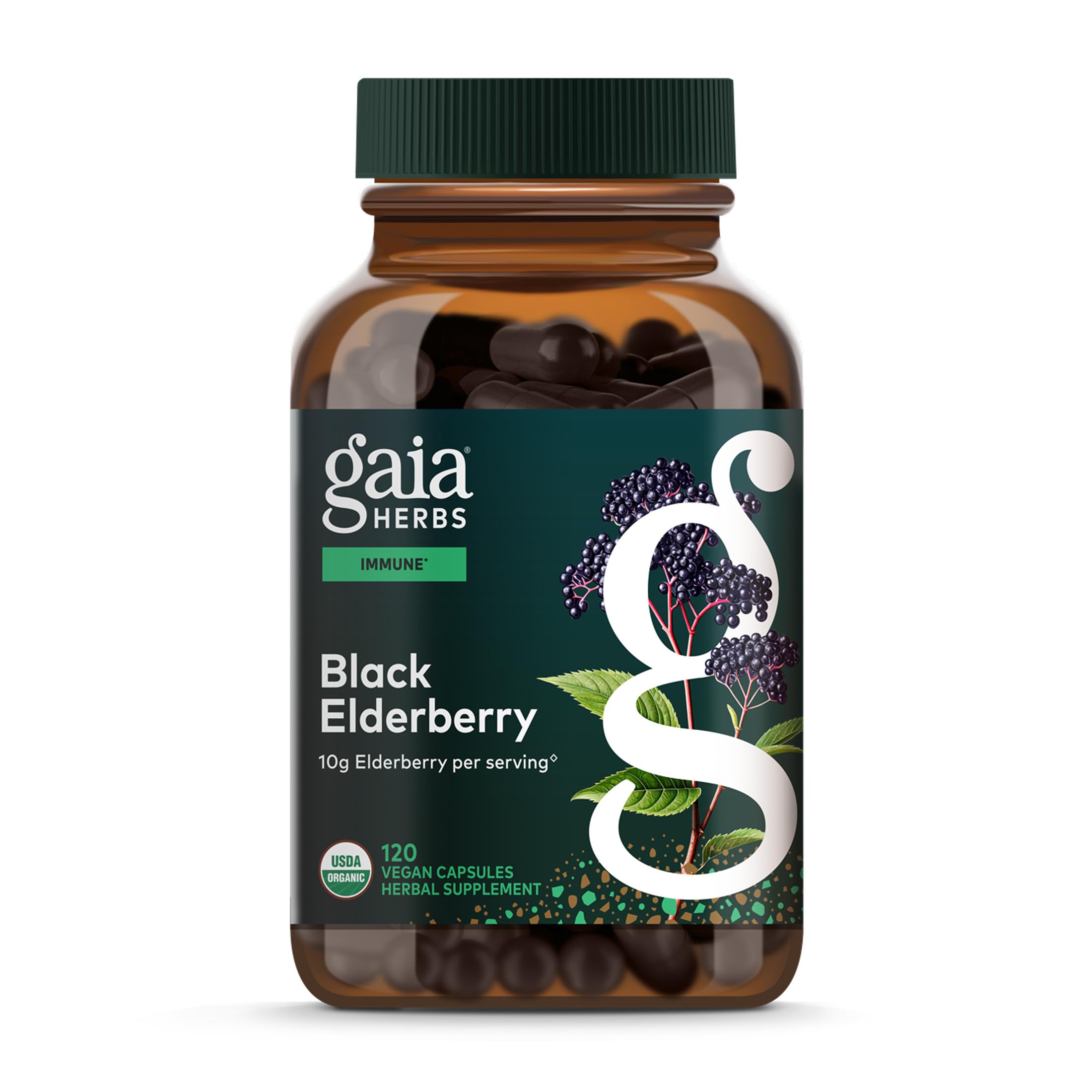 Gaia Herbs Sauco Negro, botella de cápsulas para apoyo inmunológico diario.