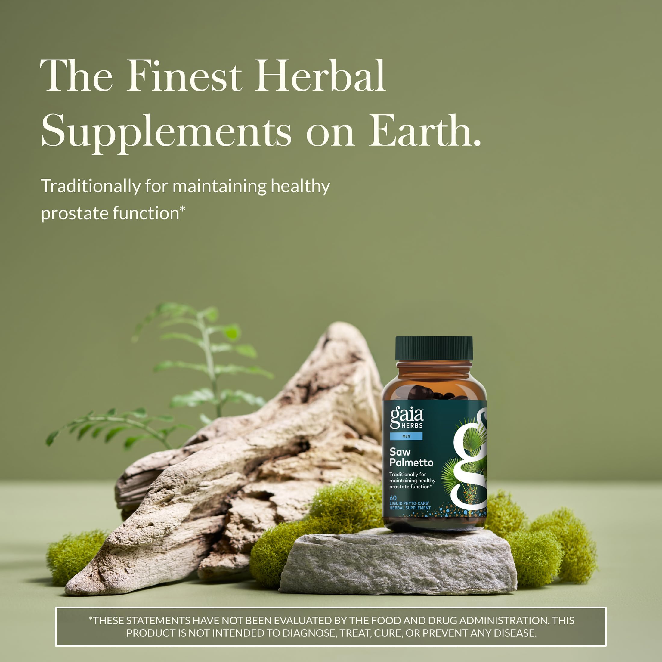 Gaia Herbs Saw Palmetto: etiqueta frontal que destaca la fórmula herbal