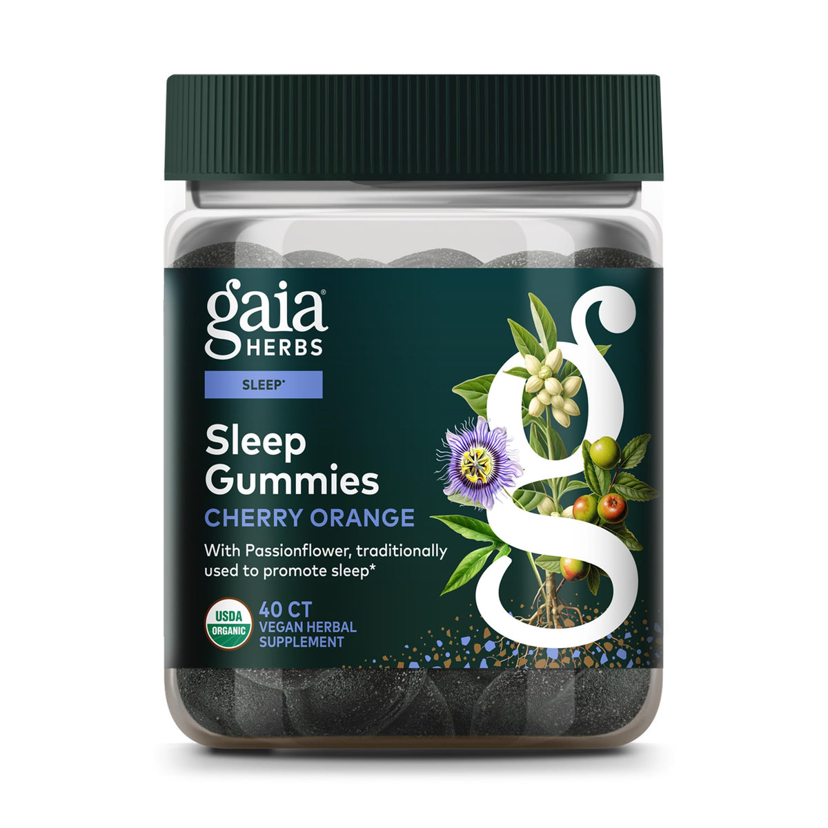 Gaia Herbs Sleep Gummies, botella visible para descanso nocturno.