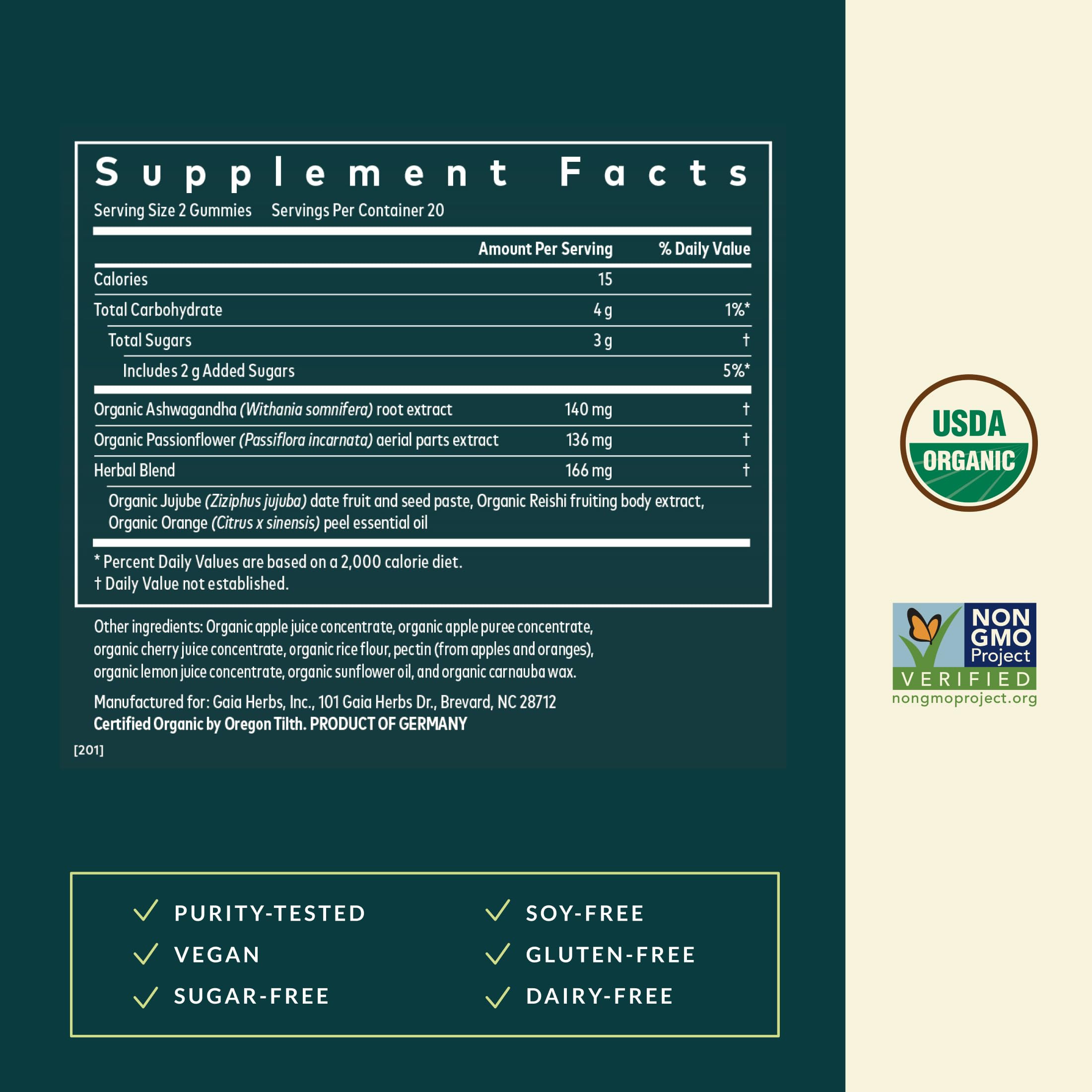 Etiqueta orgánica de Gaia Herbs Sleep Gummies.