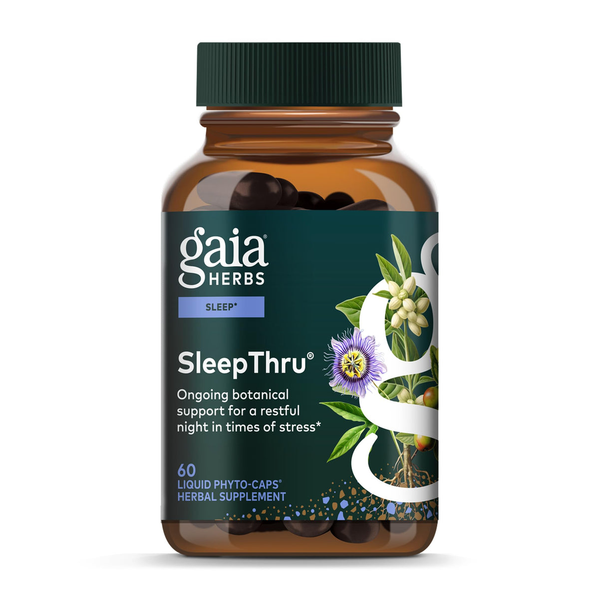 SleepThru Gaia Herbs, botella frontal, apoyo al descanso nocturno.