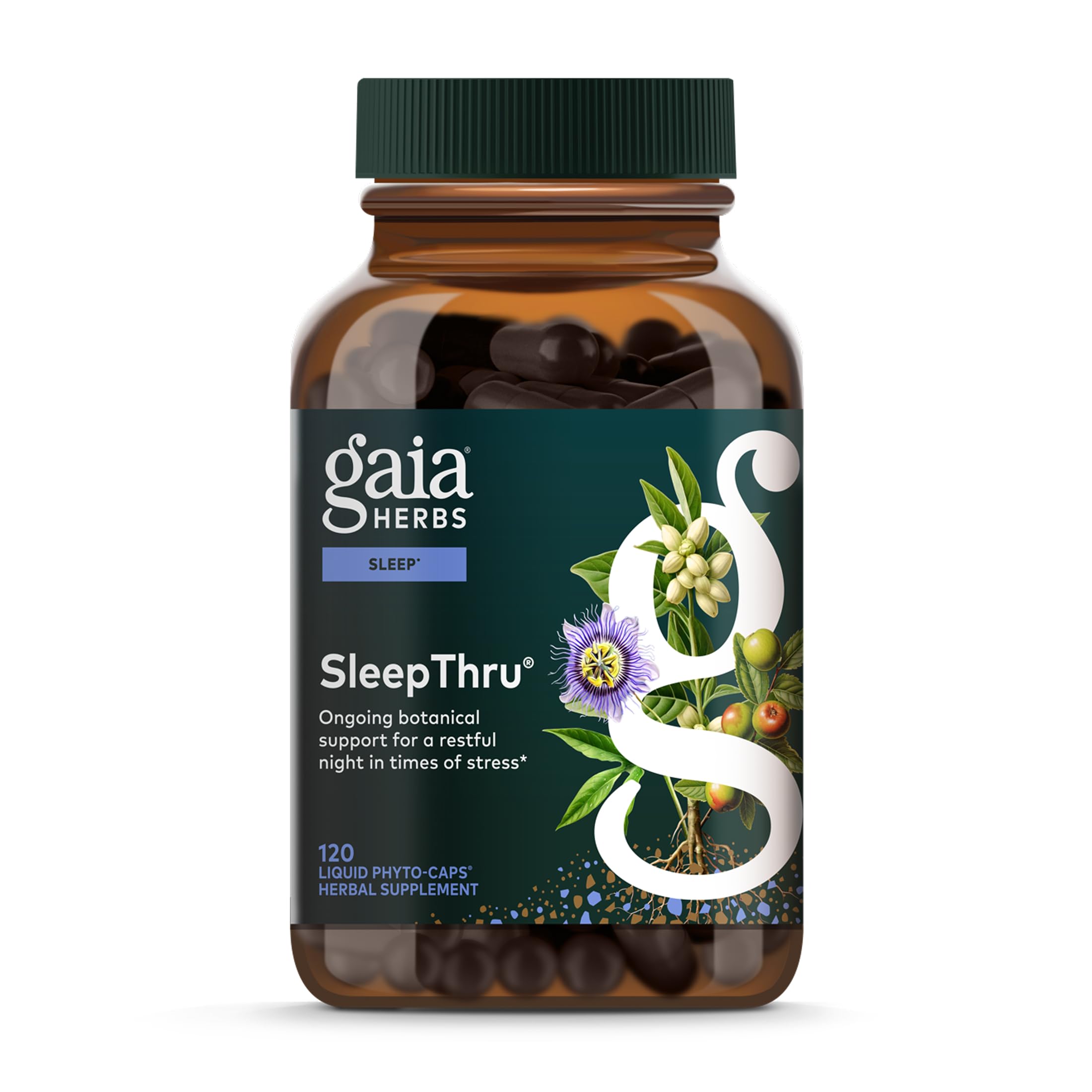 Gaia Herbs SleepThru en botella labellada para apoyo al descanso nocturno