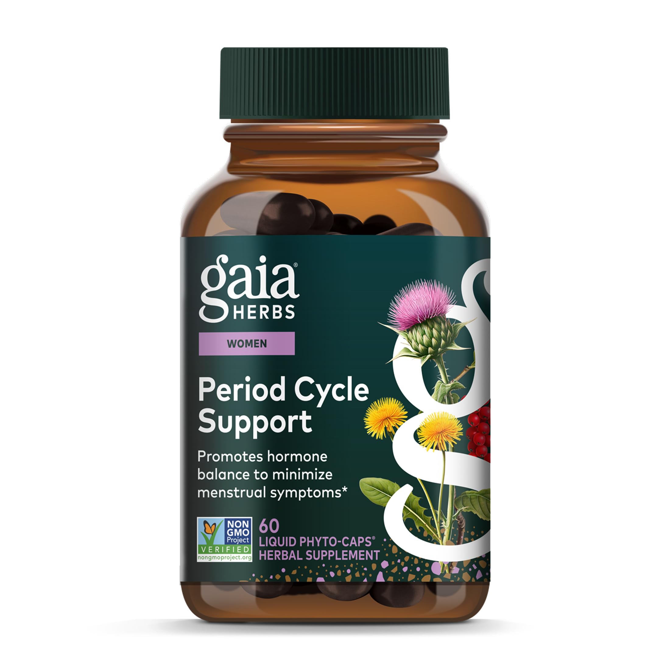 Gaia Herbs soporte ciclo menstrual, botella en primer plano para uso diario