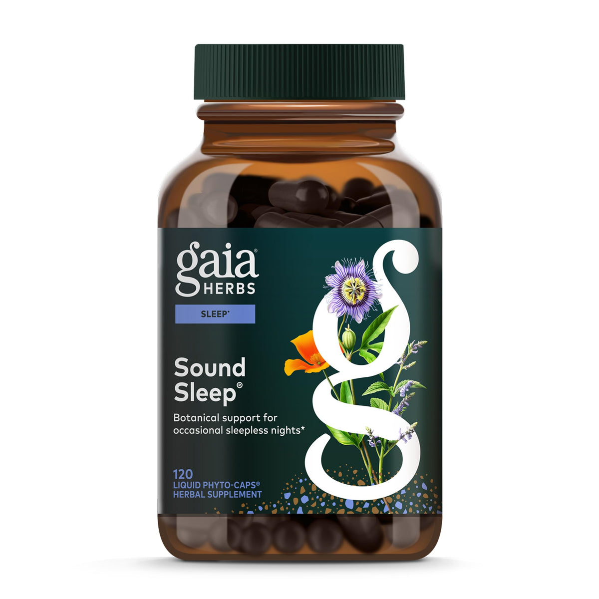 Gaia Herbs Sound Sleep: botella con cápsulas para relajación nocturna
