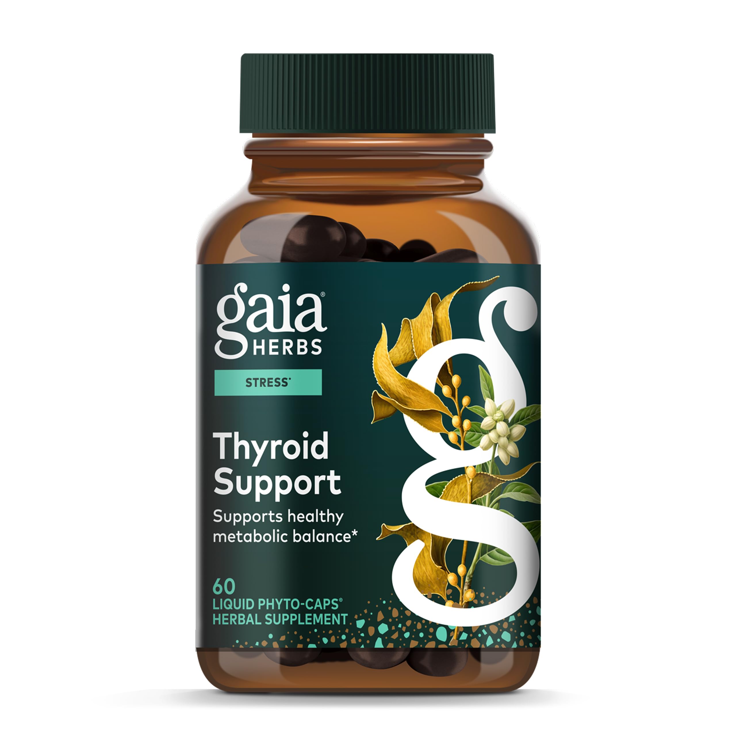 Gaia Herbs Thyroid Support con ashwagandha, raíz visible, posible apoyo al equilibrio metabólico.