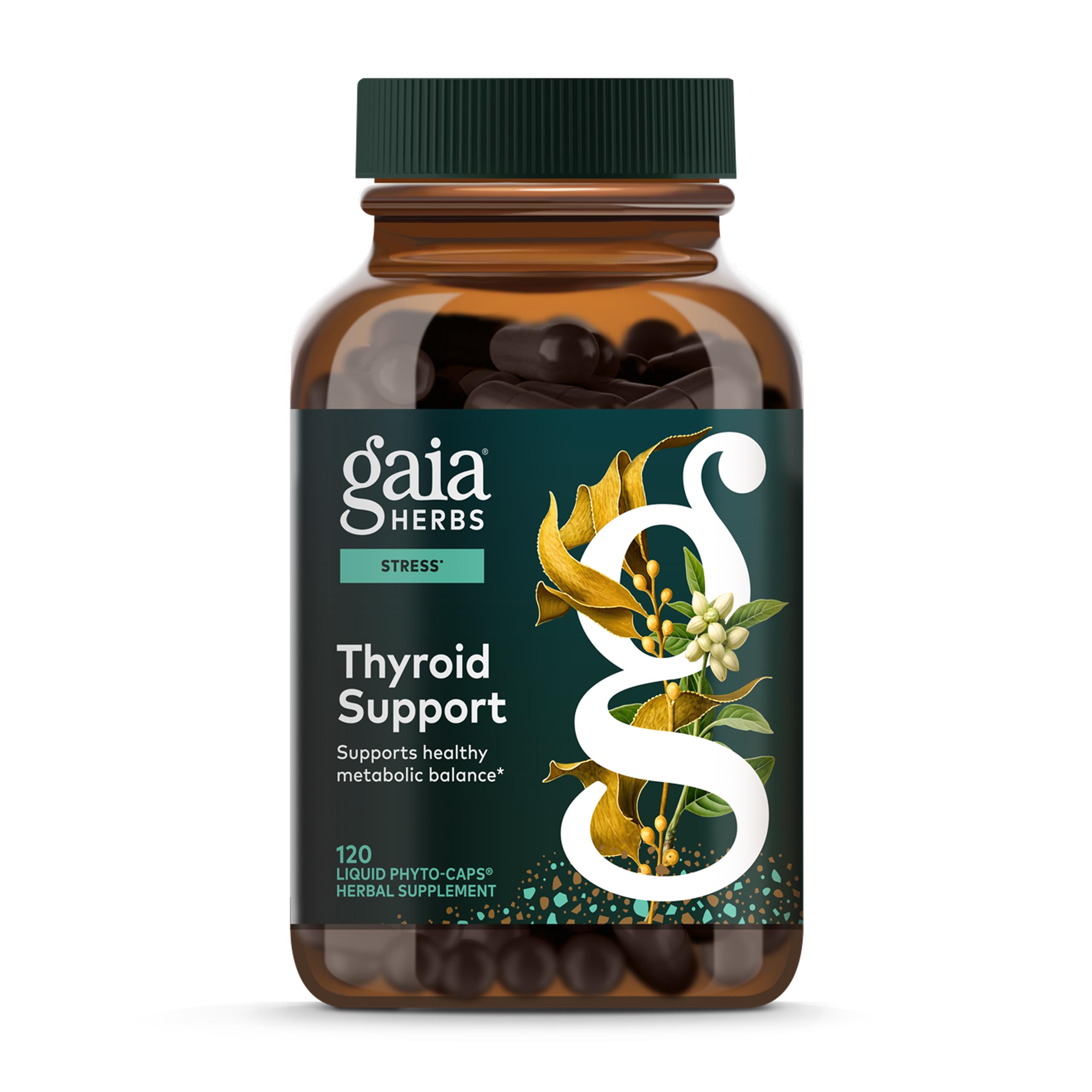Gaia Herbs Thyroid Support, botella frontal, para equilibrio metabólico diario.