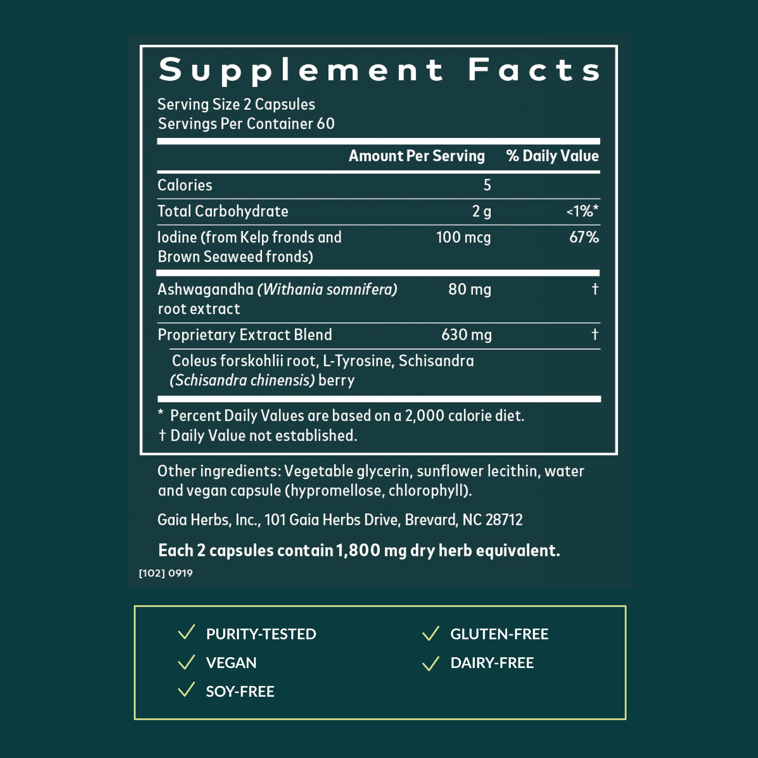Gaia Herbs Thyroid Support, cápsulas cercanas para consumo fácil.