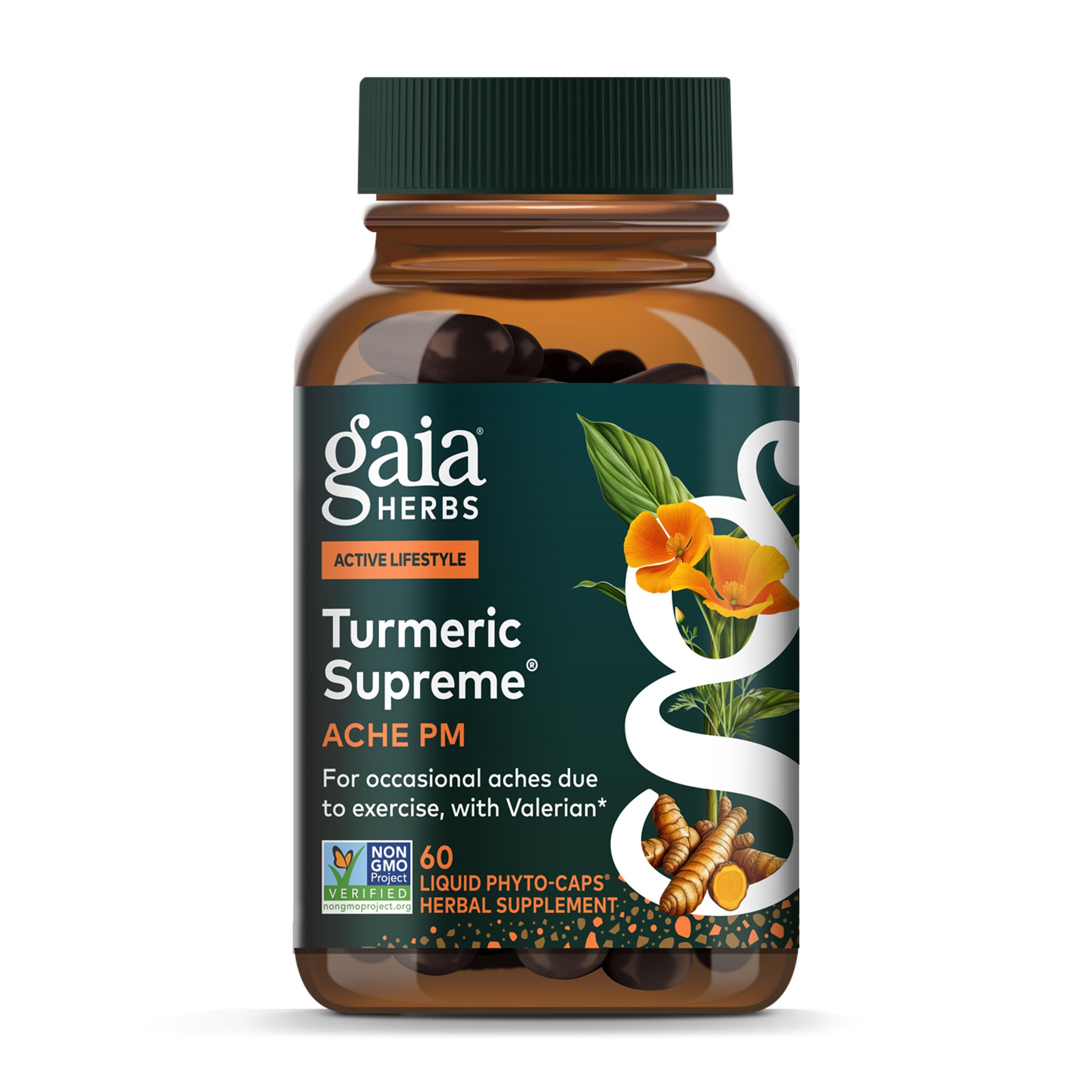 Gaia Herbs Turmeric Supreme Ache P.M. botella para apoyo nocturno y descanso cómodo.