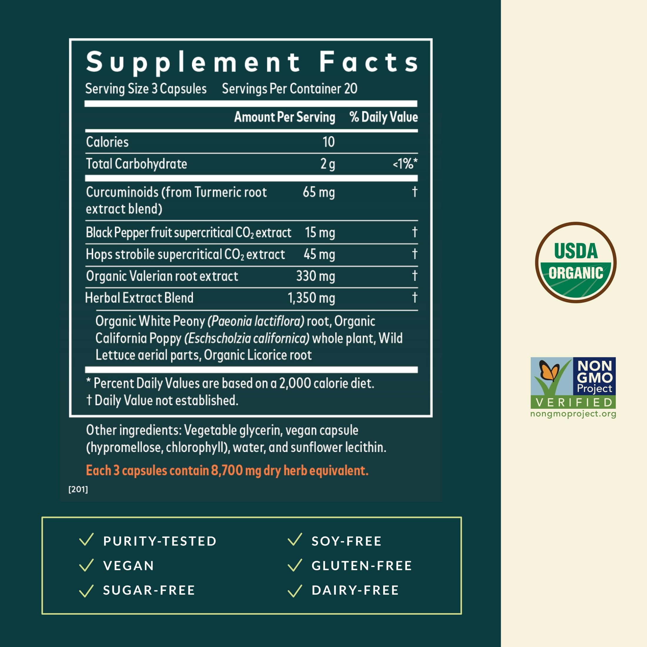 Gaia Herbs Turmeric Supreme Ache P.M. etiqueta que destaca cúrcuma, valeriana y amapola de California.
