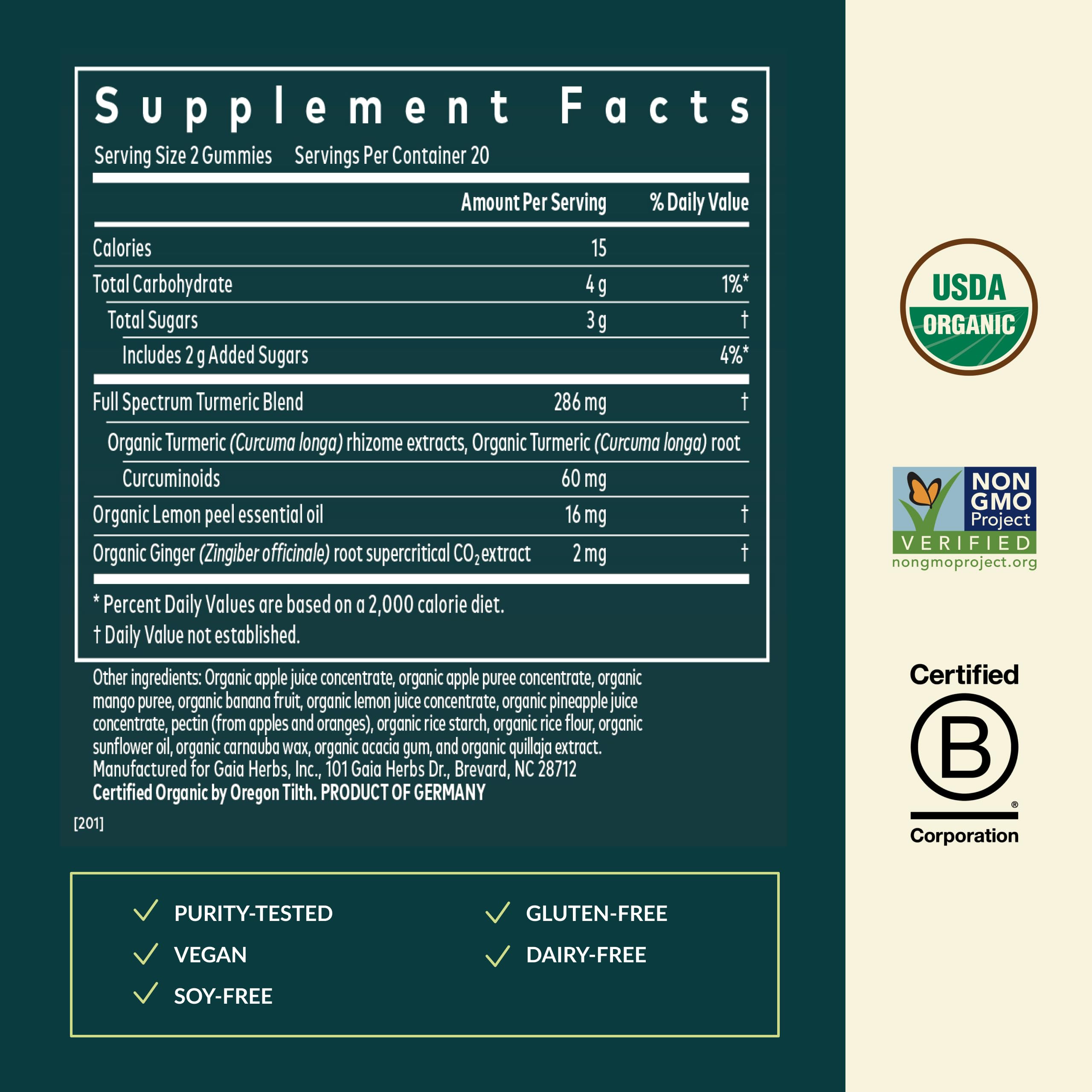 Gomitas amarillas Gaia Herbs Turmeric Supreme listas para consumir.
