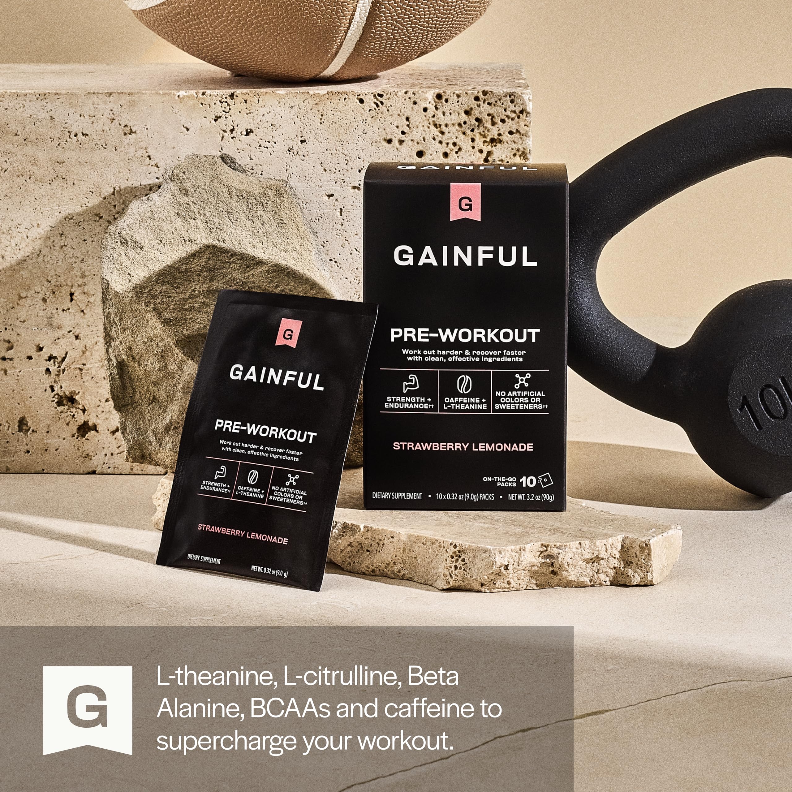 Gainful Pre Entrenamiento—diez sobres listos para llevar a cualquier lugar.