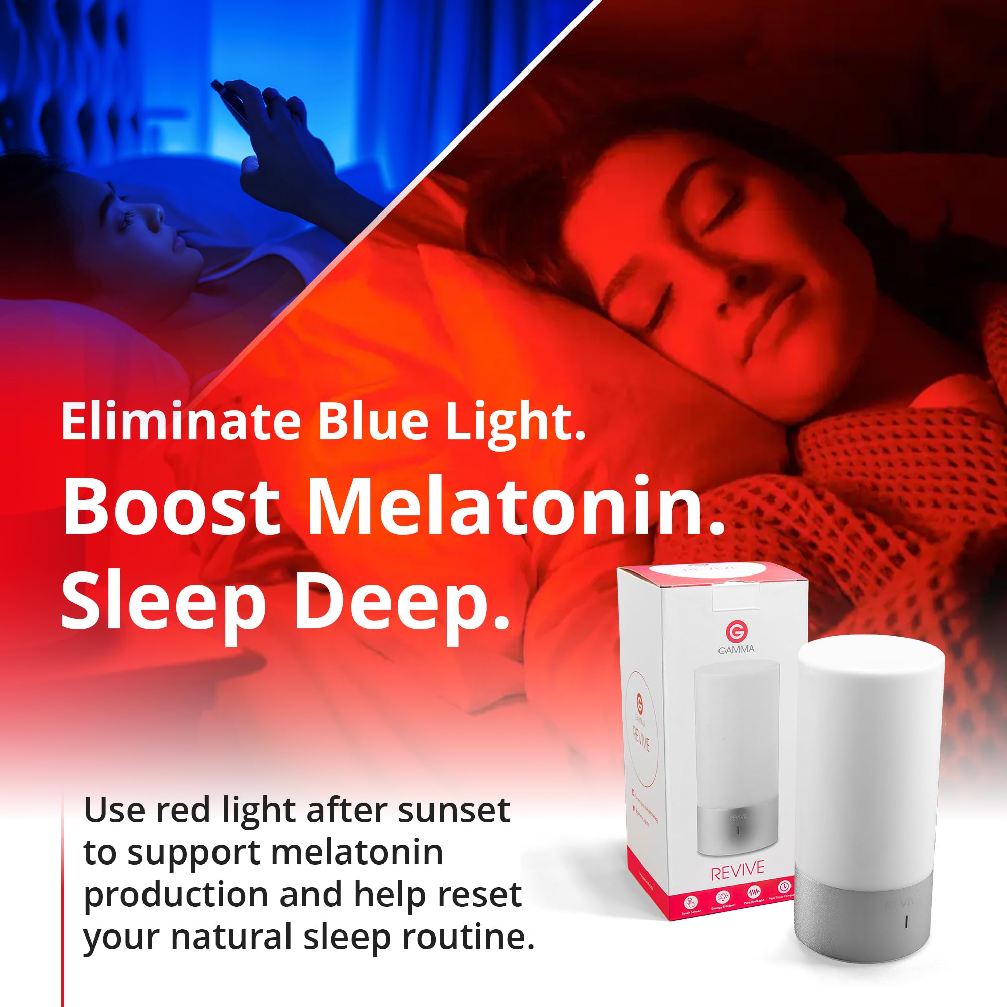 Gamma Revive: iluminación nocturna en dormitorio, apoyo a rutinas nocturnas.