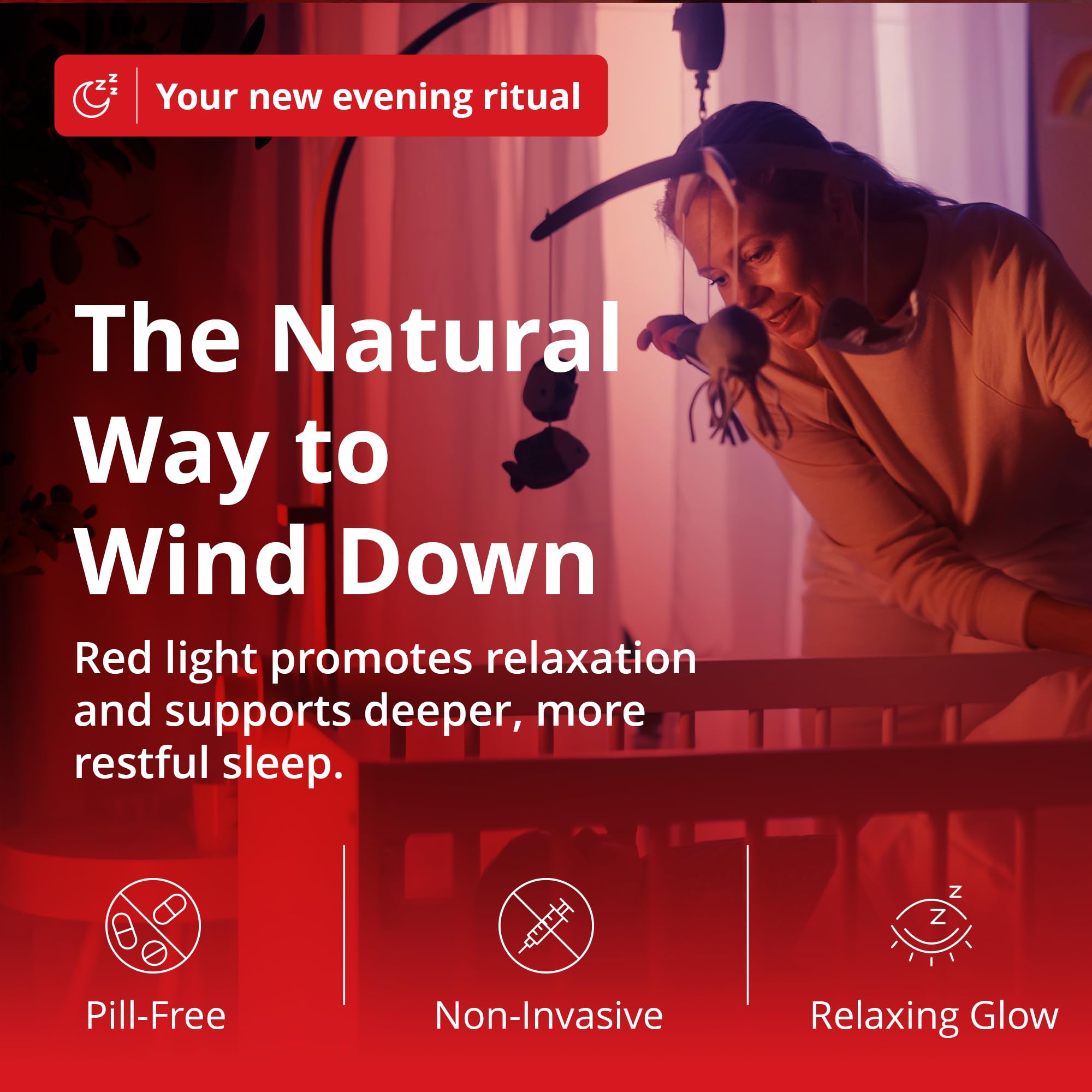 Gamma Revive: iluminación roja suave para noches tranquilas en sala.
