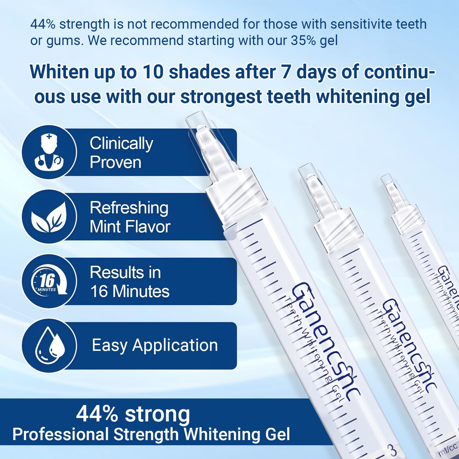 Ganencsnc 44% gel blanqueador, uso recomendado de 0.5 ml por aplicación
