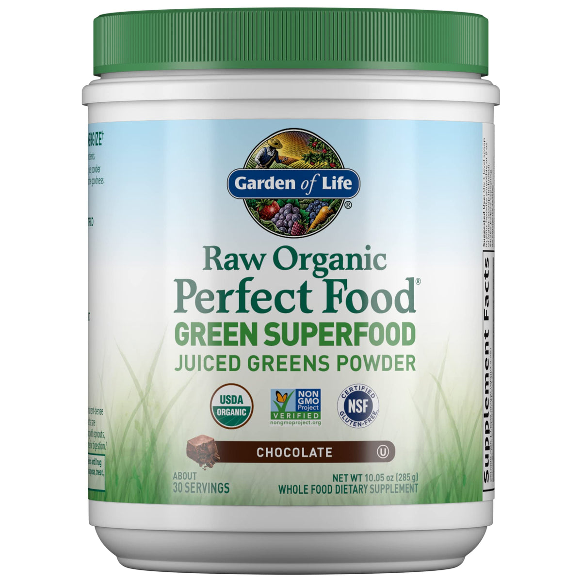 Garden of Life Alimento Perfecto Crudo Verde Chocolate, bote, aporta energía natural diaria.