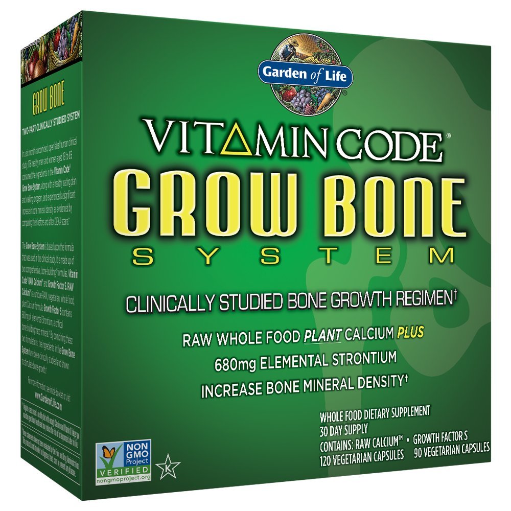 Garden of Life Calcium Grow Bone, botella frontal, apoya la densidad ósea con alimentos enteros