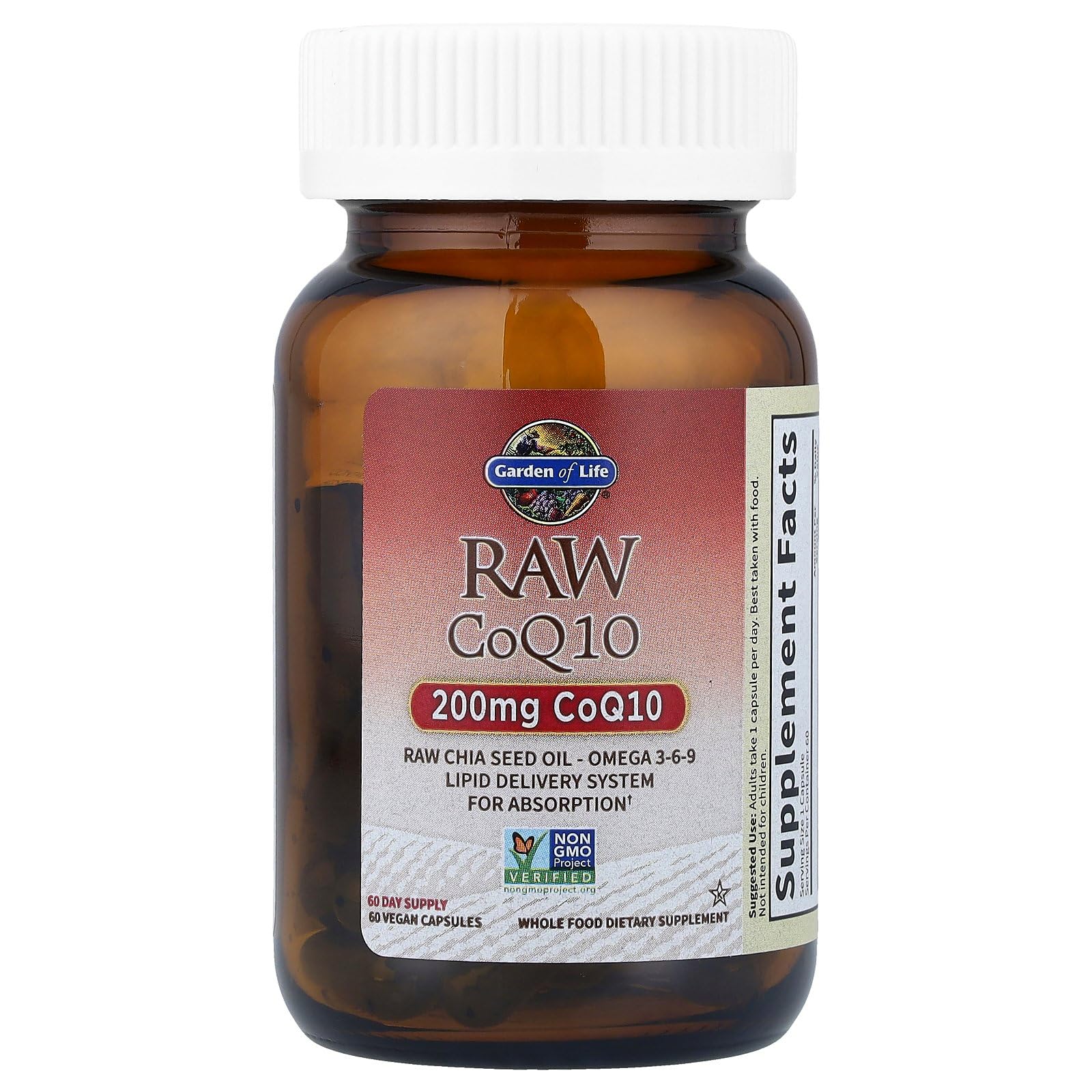 Garden of Life CoQ10 200 mg: etiqueta detallada de ingredientes.
