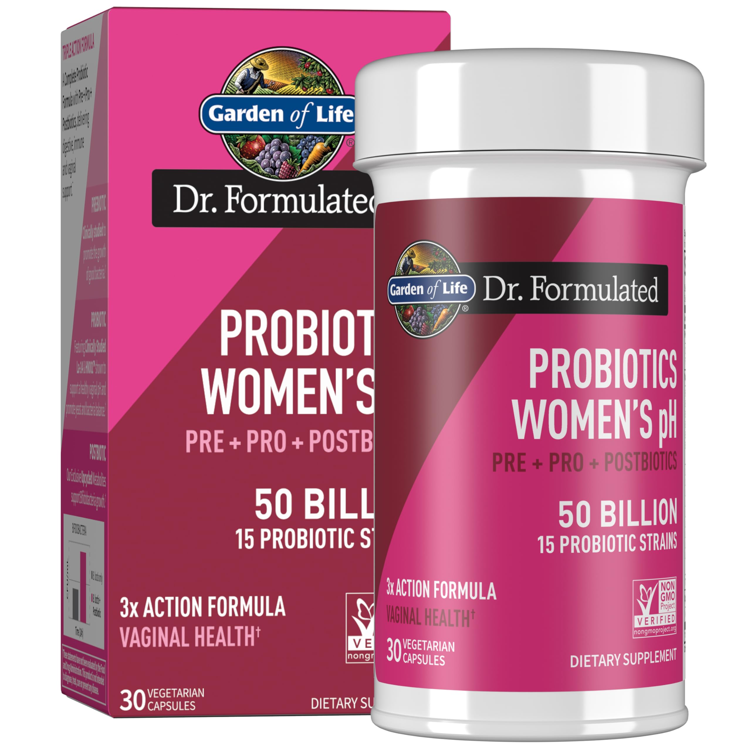 Garden of Life Dr Formulado 3-en-1 cápsula frontal: apoyo digestivo y salud femenina diaria