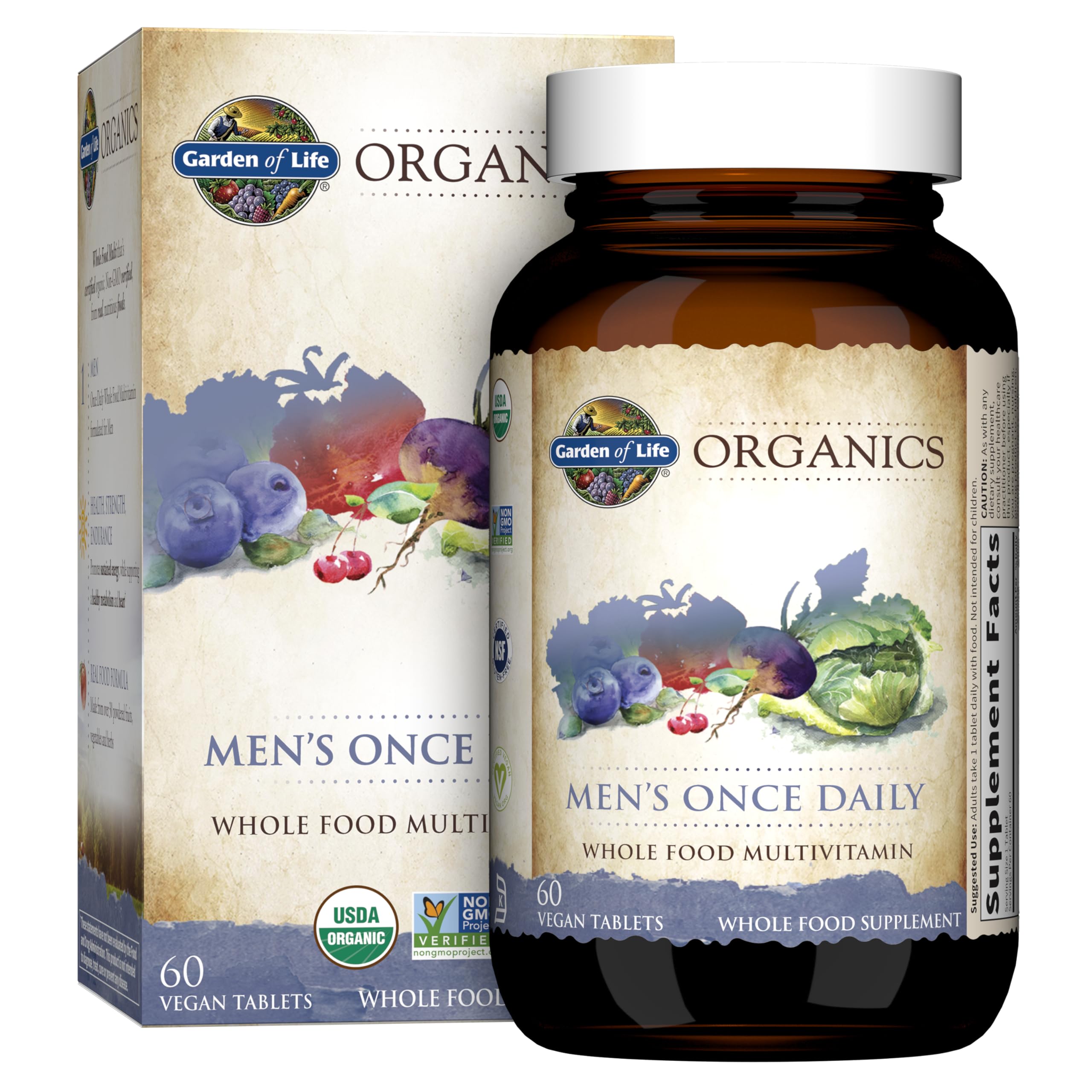 Garden of Life tabletas en botella para energía diaria y nutrición de origen vegetal.