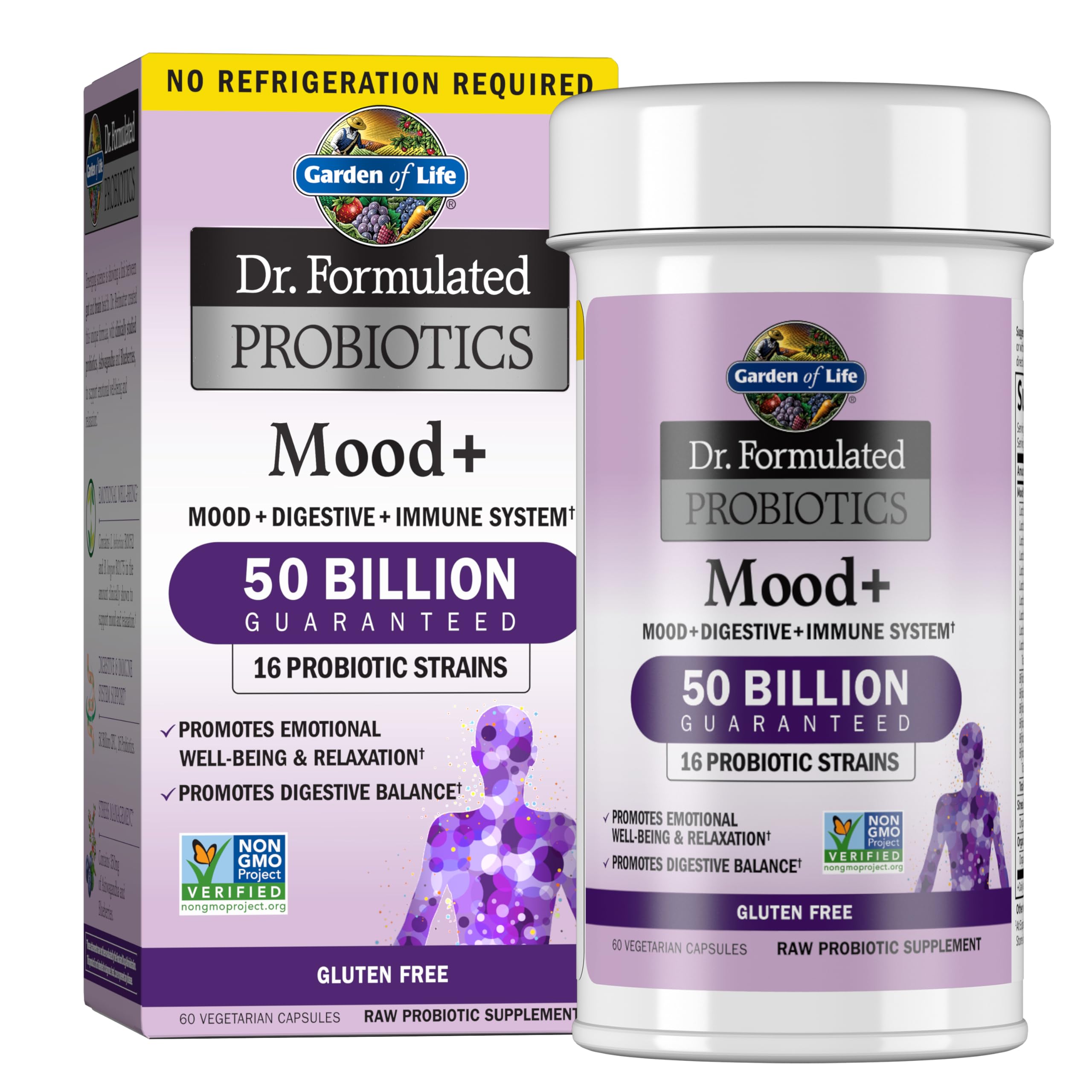Garden of Life Mood+ en botella frontal, cápsulas para apoyar bienestar emocional.