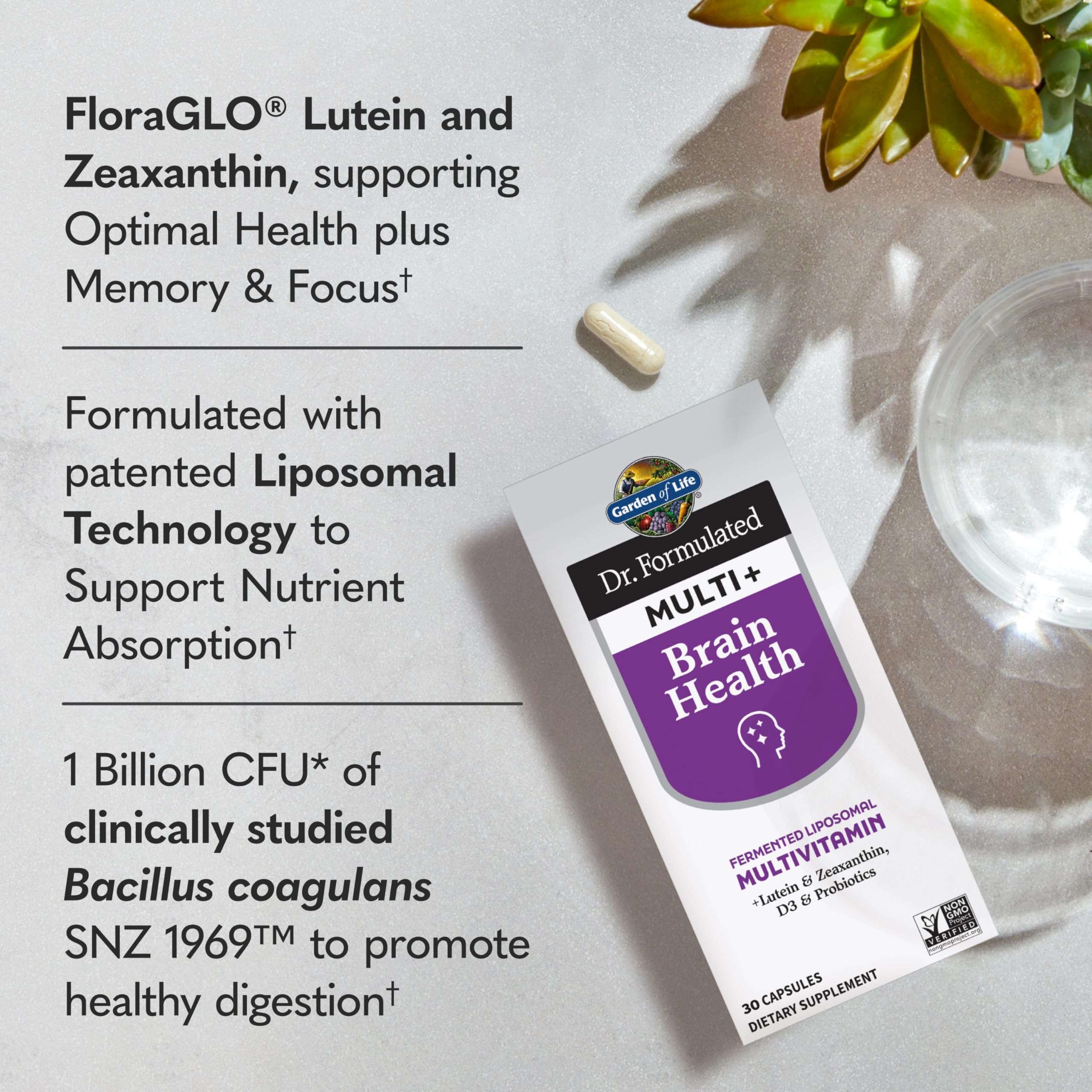 Garden of Life Multi+ Brain Health liposomal fermentado para mejor absorción.